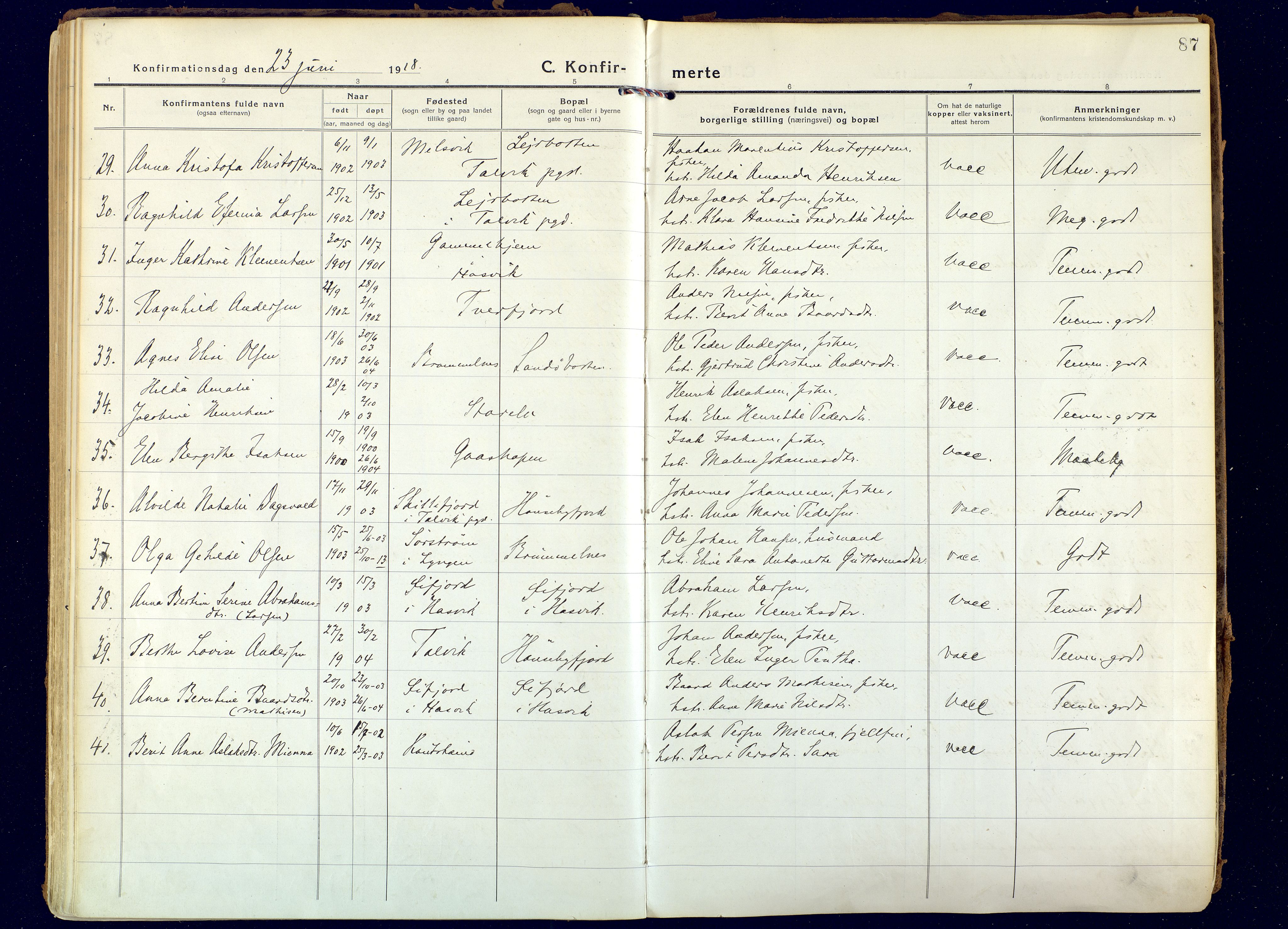 Hammerfest sokneprestkontor, AV/SATØ-S-1347/H/Ha/L0018.kirke: Parish register (official) no. 18, 1918-1933, p. 87