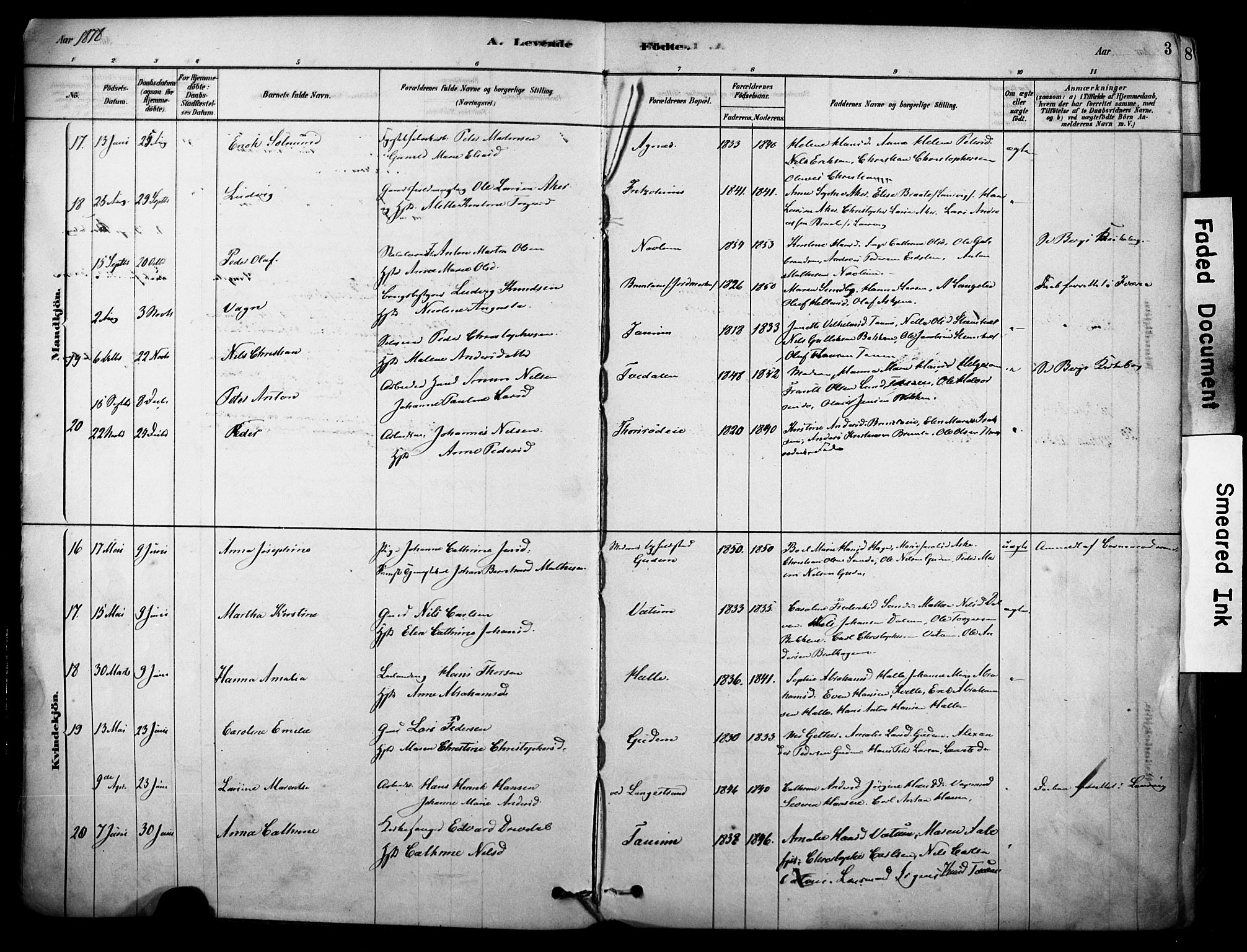 Brunlanes kirkebøker, AV/SAKO-A-342/F/Fc/L0001: Parish register (official) no. III 1, 1878-1899, p. 3
