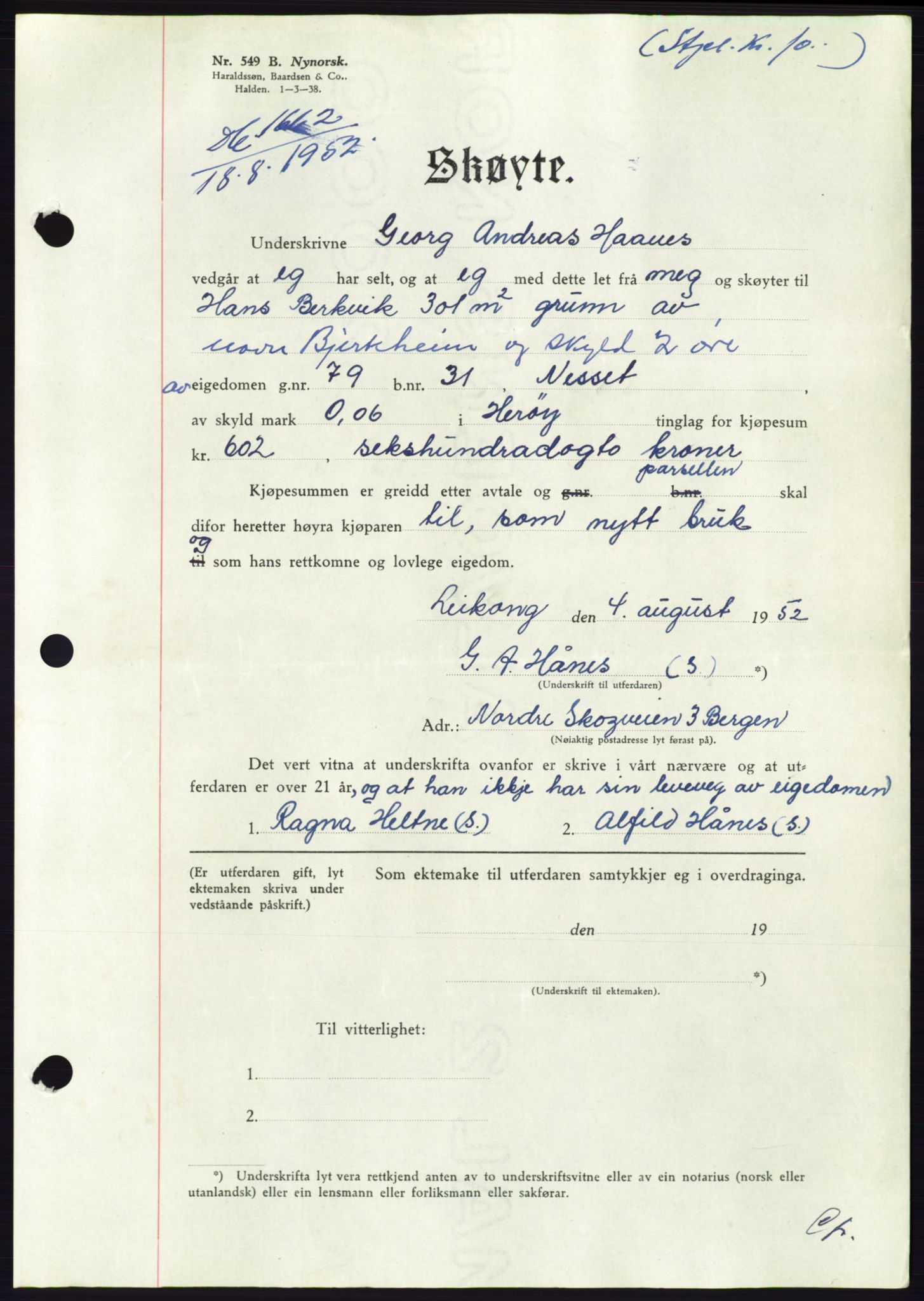 Søre Sunnmøre sorenskriveri, AV/SAT-A-4122/1/2/2C/L0092: Mortgage book no. 18A, 1952-1952, Diary no: : 1662/1952