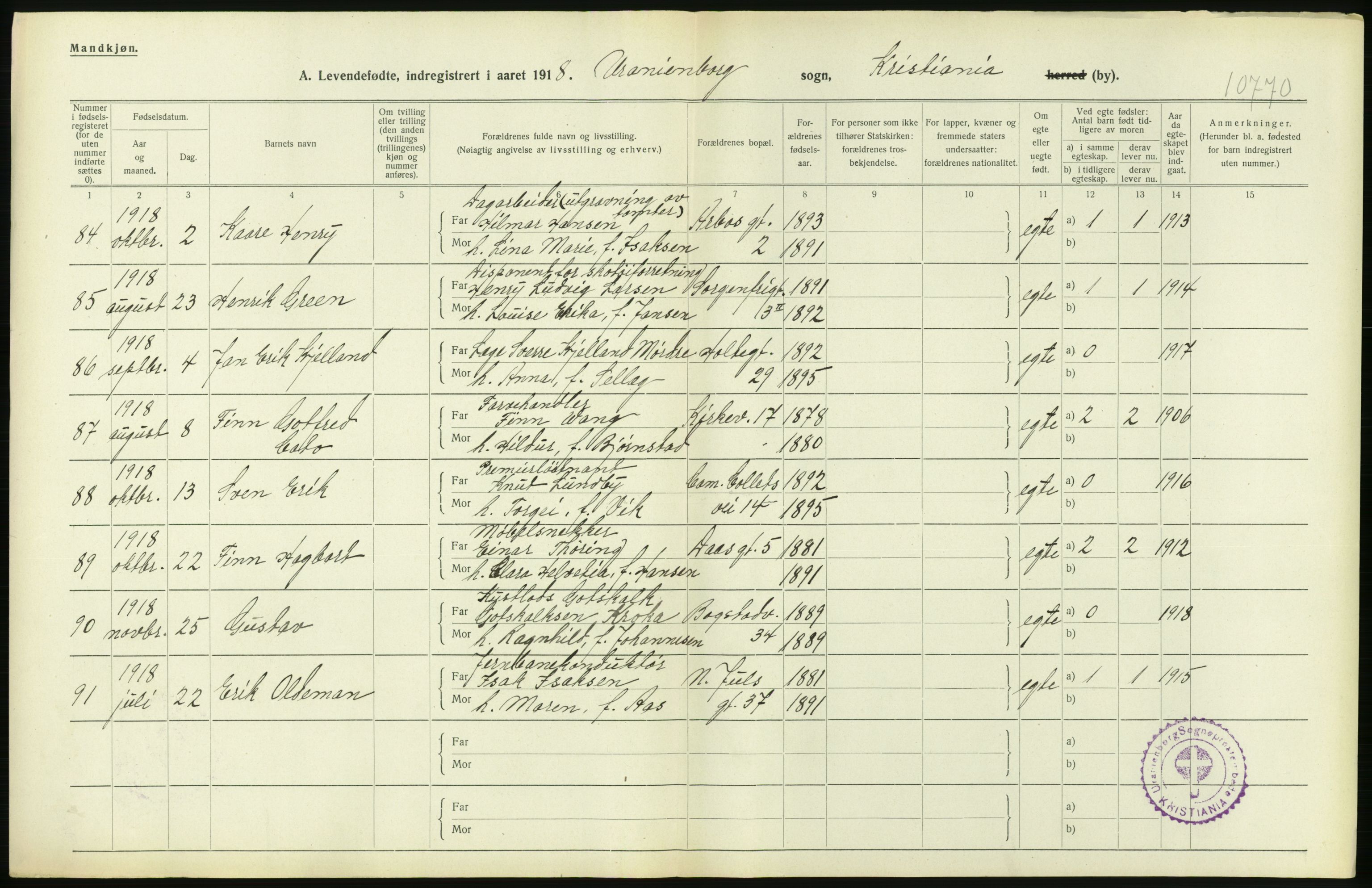 Statistisk sentralbyrå, Sosiodemografiske emner, Befolkning, RA/S-2228/D/Df/Dfb/Dfbh/L0008: Kristiania: Levendefødte menn og kvinner., 1918, p. 174