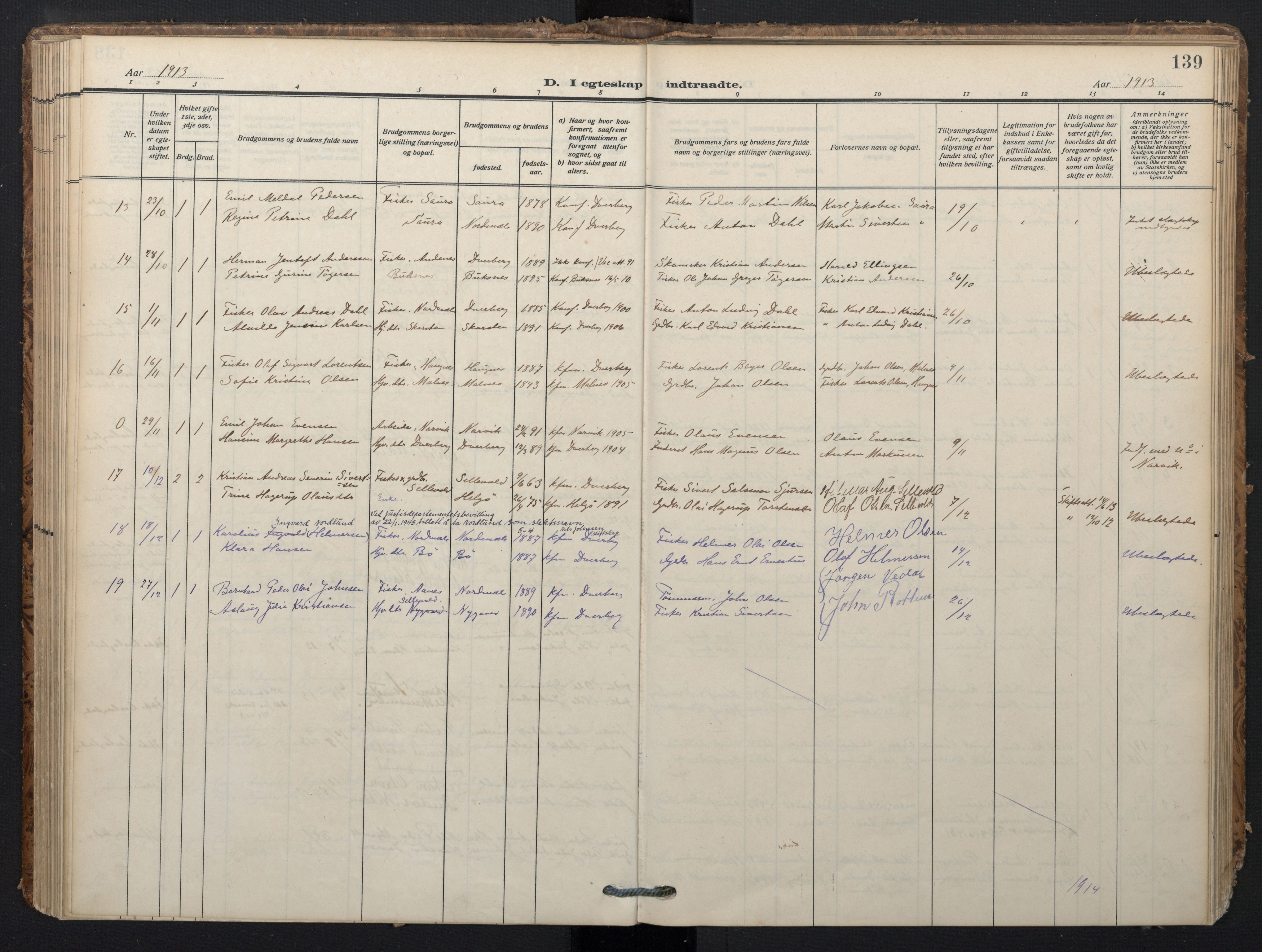 Ministerialprotokoller, klokkerbøker og fødselsregistre - Nordland, SAT/A-1459/897/L1401: Parish register (official) no. 897A08, 1909-1921, p. 139