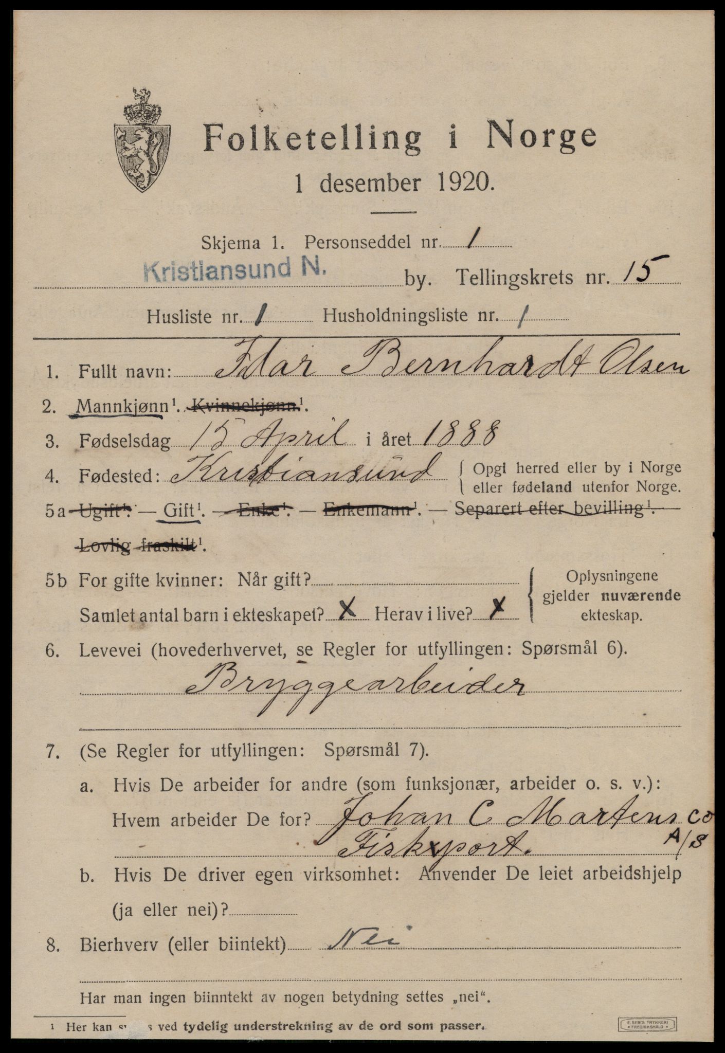 SAT, 1920 census for Kristiansund, 1920, p. 30893