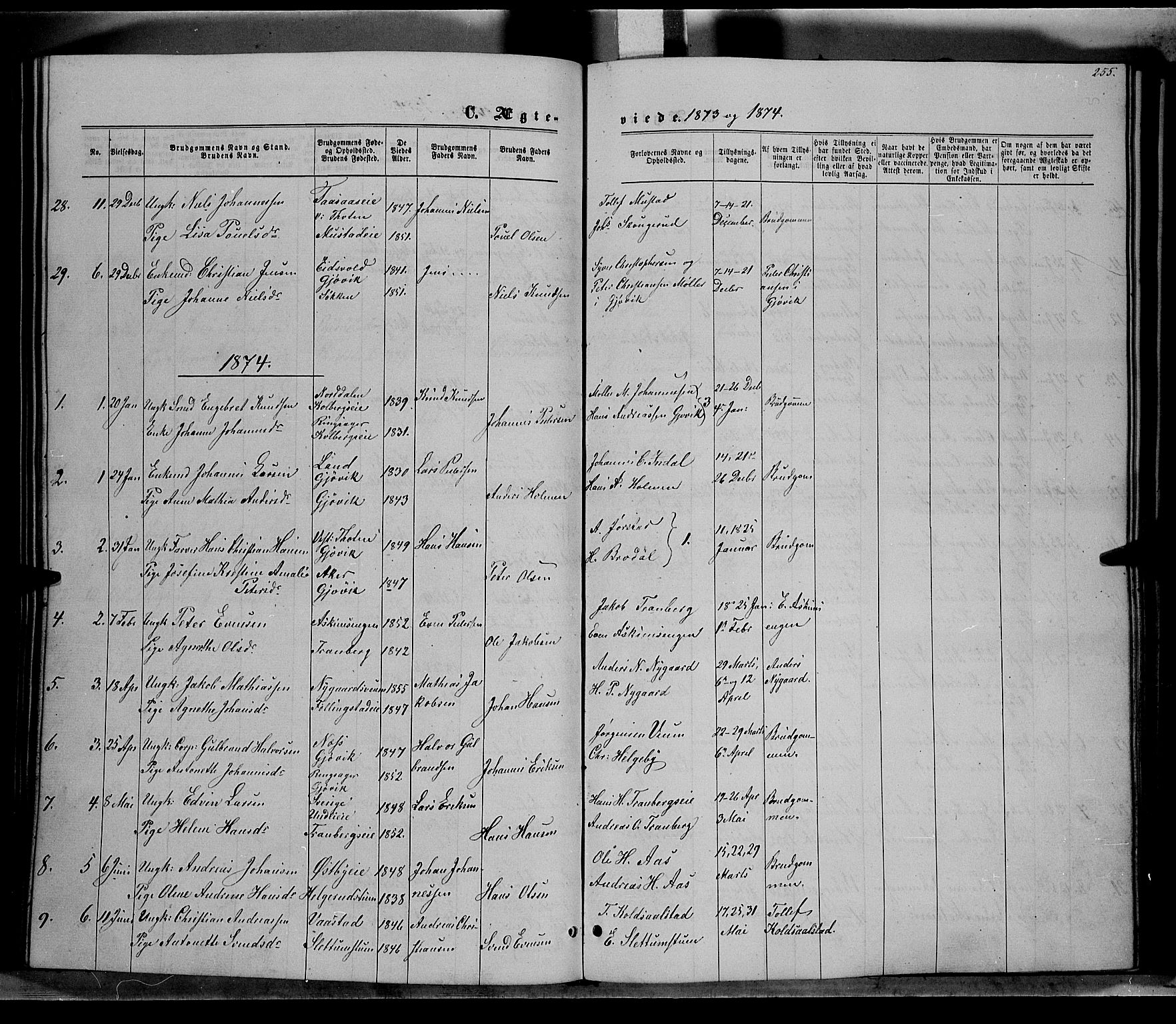 Vardal prestekontor, SAH/PREST-100/H/Ha/Hab/L0006: Parish register (copy) no. 6, 1869-1881, p. 255