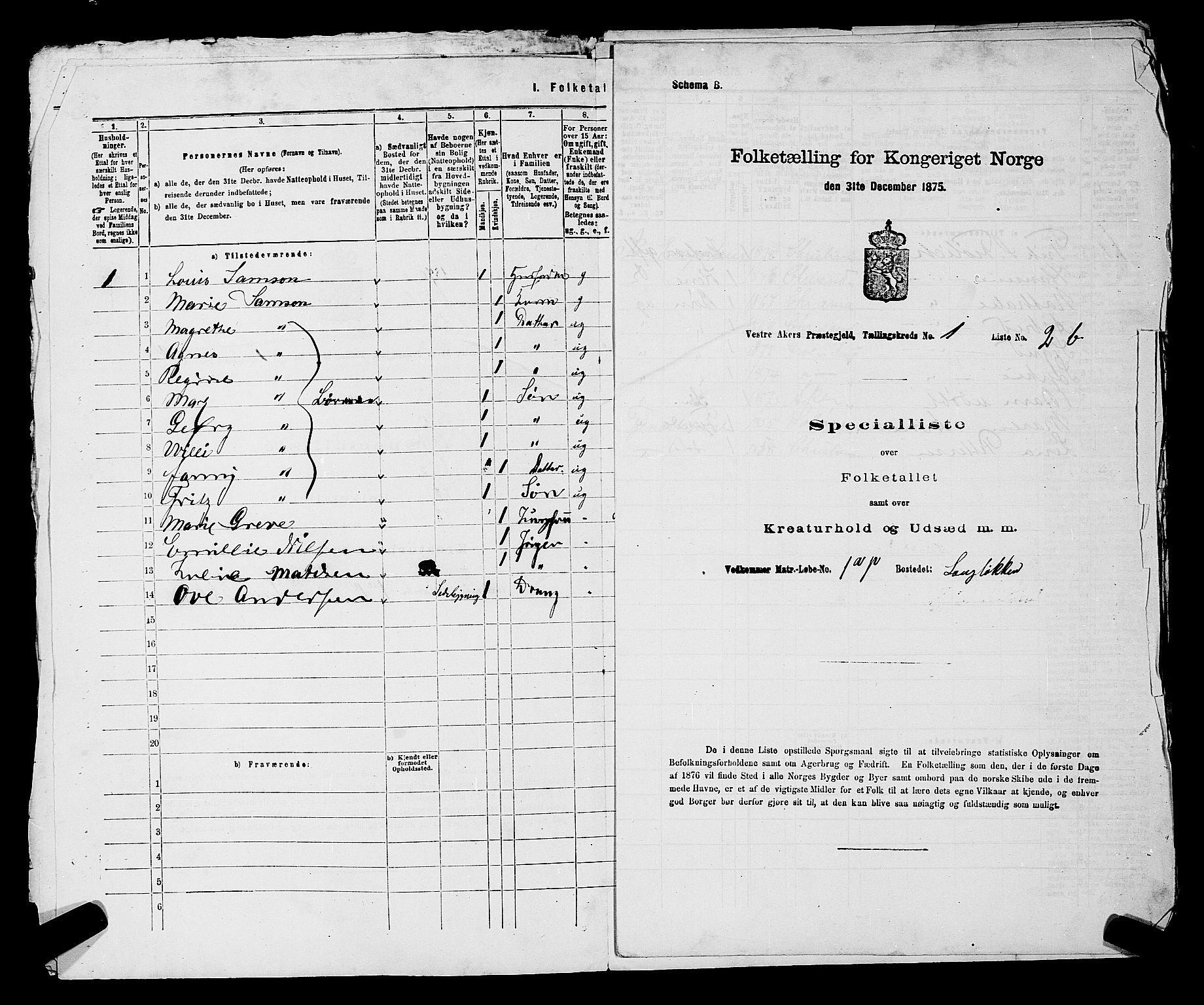 RA, 1875 census for 0218aP Vestre Aker, 1875, p. 154