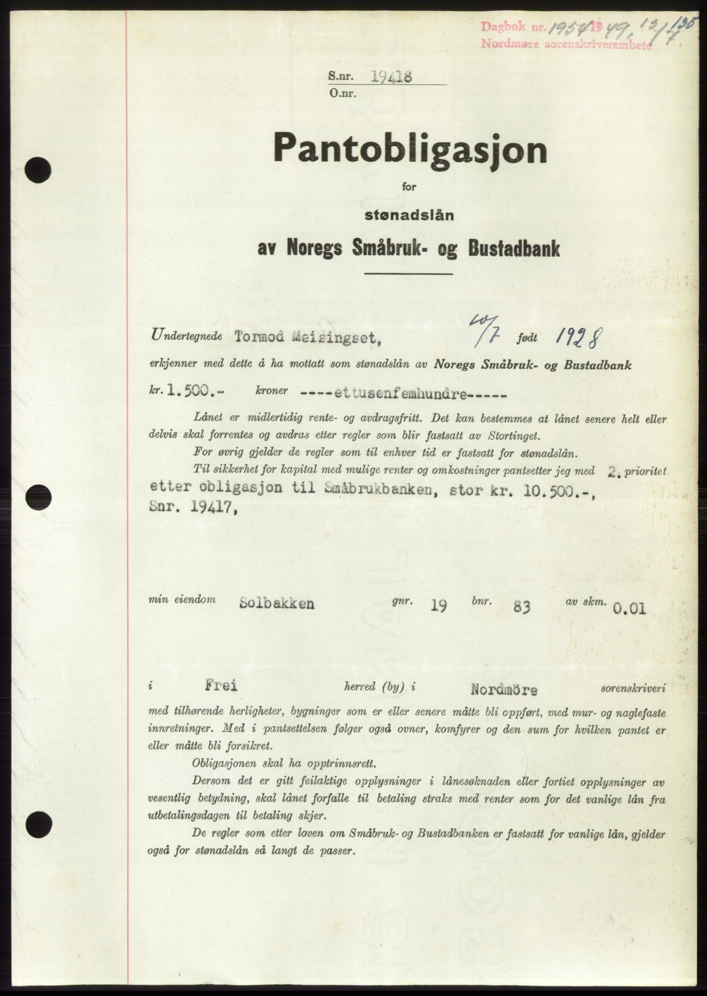 Nordmøre sorenskriveri, AV/SAT-A-4132/1/2/2Ca: Mortgage book no. B102, 1949-1949, Diary no: : 1954/1949