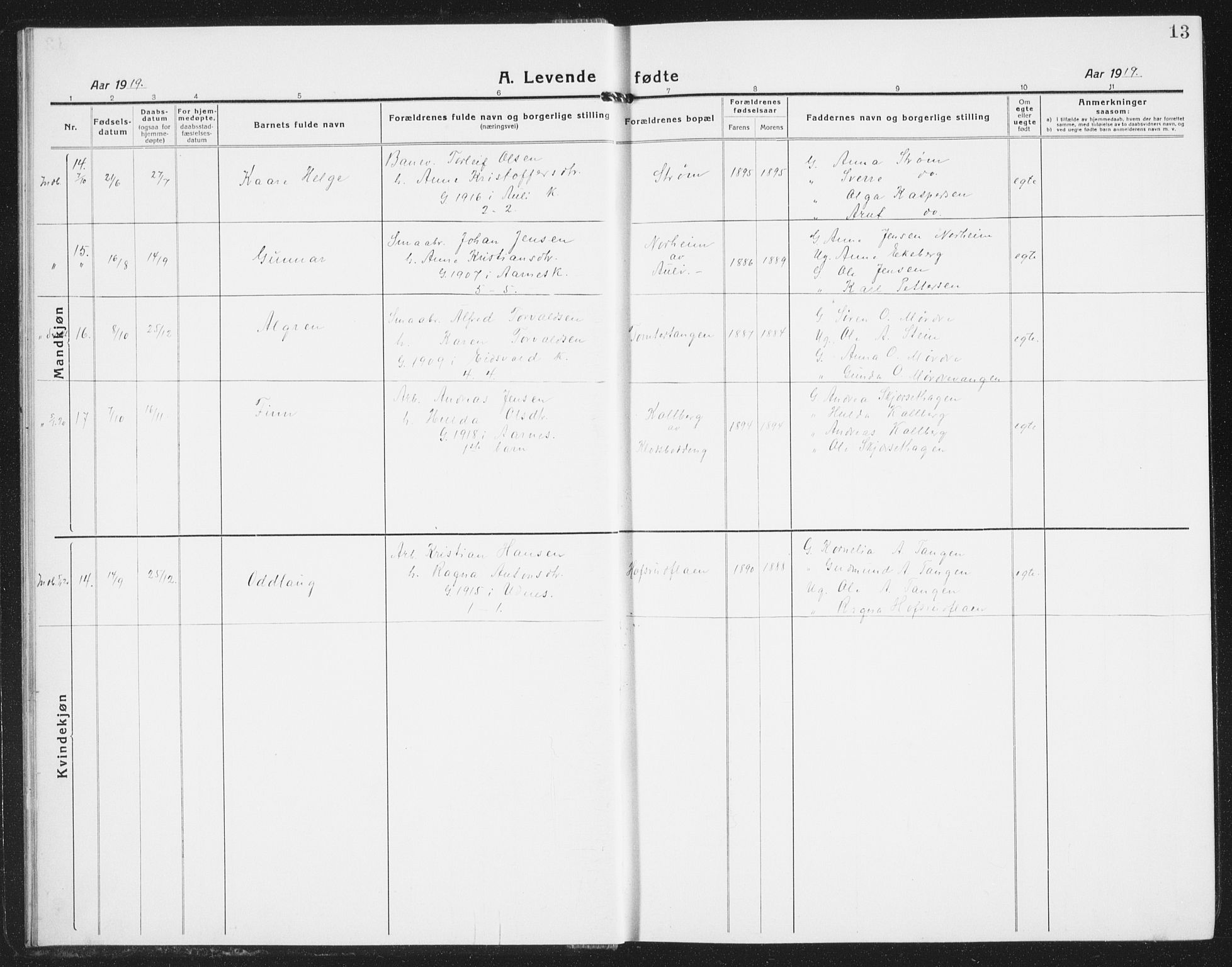 Nes prestekontor Kirkebøker, AV/SAO-A-10410/G/Gb/L0002: Parish register (copy) no. II 2, 1918-1942, p. 13