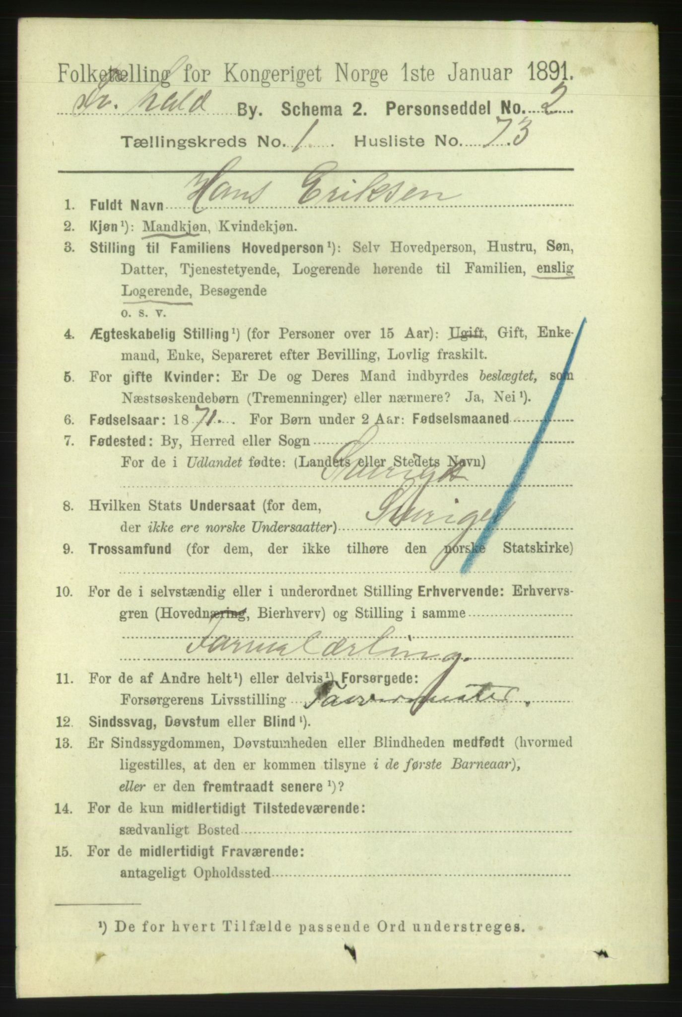 RA, 1891 census for 0101 Fredrikshald, 1891, p. 2653