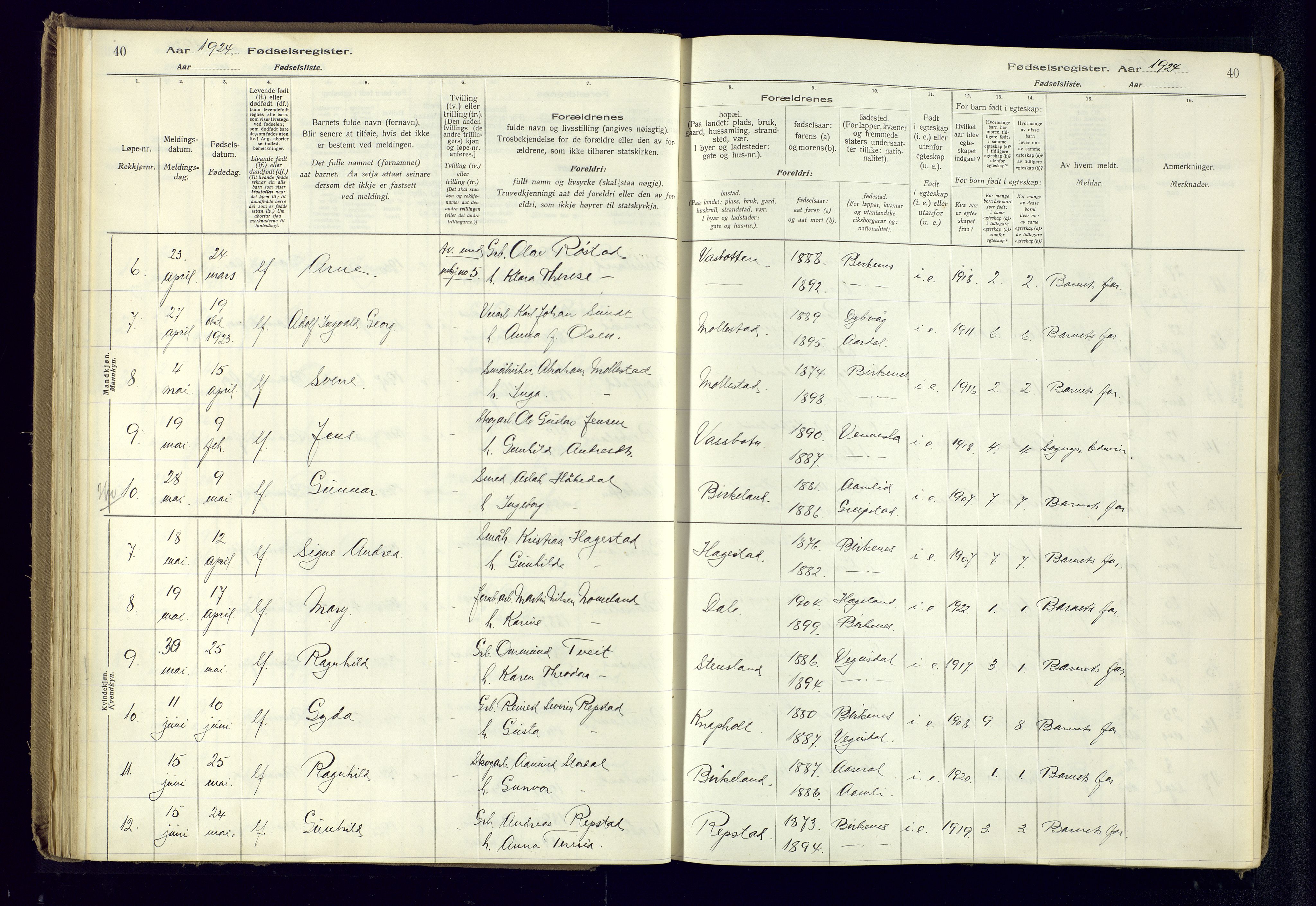 Birkenes sokneprestkontor, AV/SAK-1111-0004/J/Ja/L0001: Birth register no. II.6.4, 1916-1962, p. 40