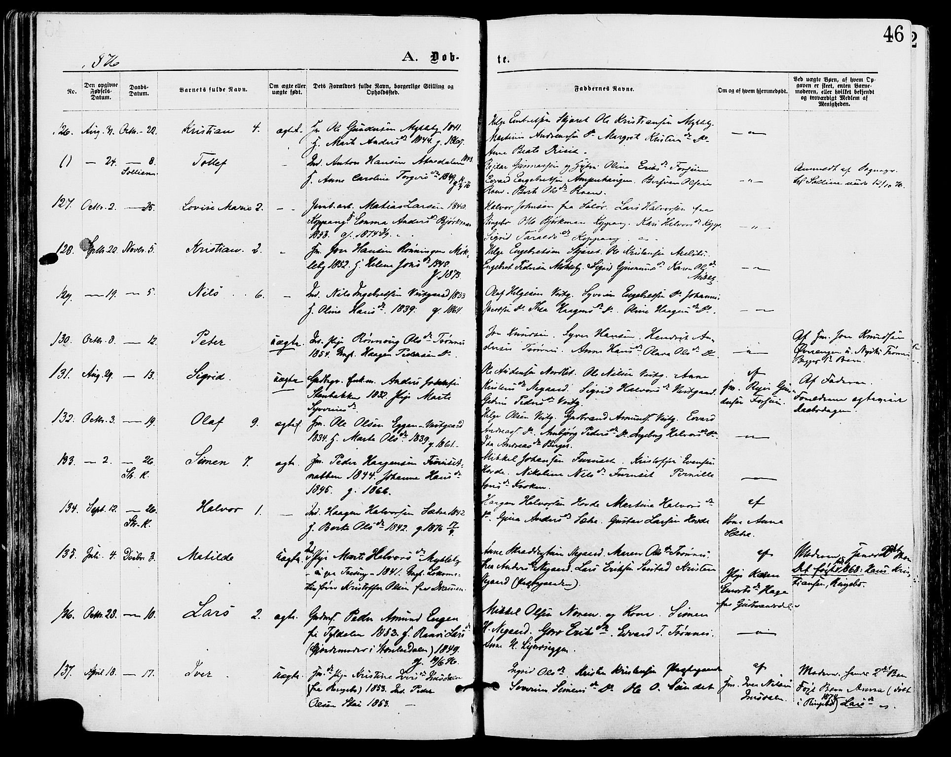 Stor-Elvdal prestekontor, AV/SAH-PREST-052/H/Ha/Haa/L0001: Parish register (official) no. 1, 1871-1882, p. 46