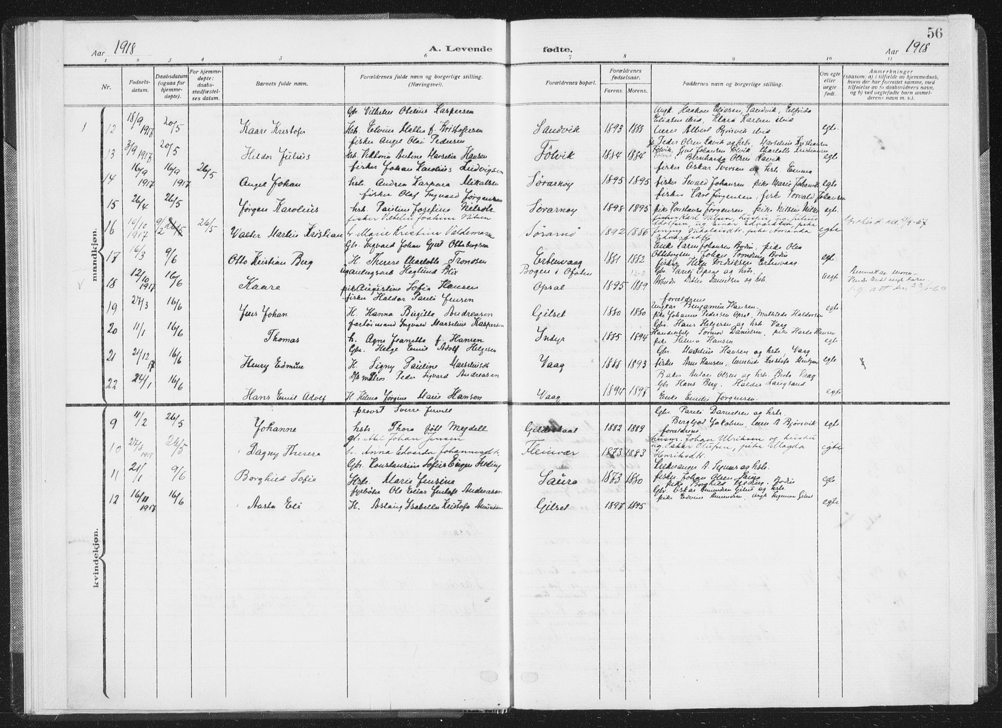 Ministerialprotokoller, klokkerbøker og fødselsregistre - Nordland, SAT/A-1459/805/L0104: Parish register (official) no. 805A09, 1909-1926, p. 56
