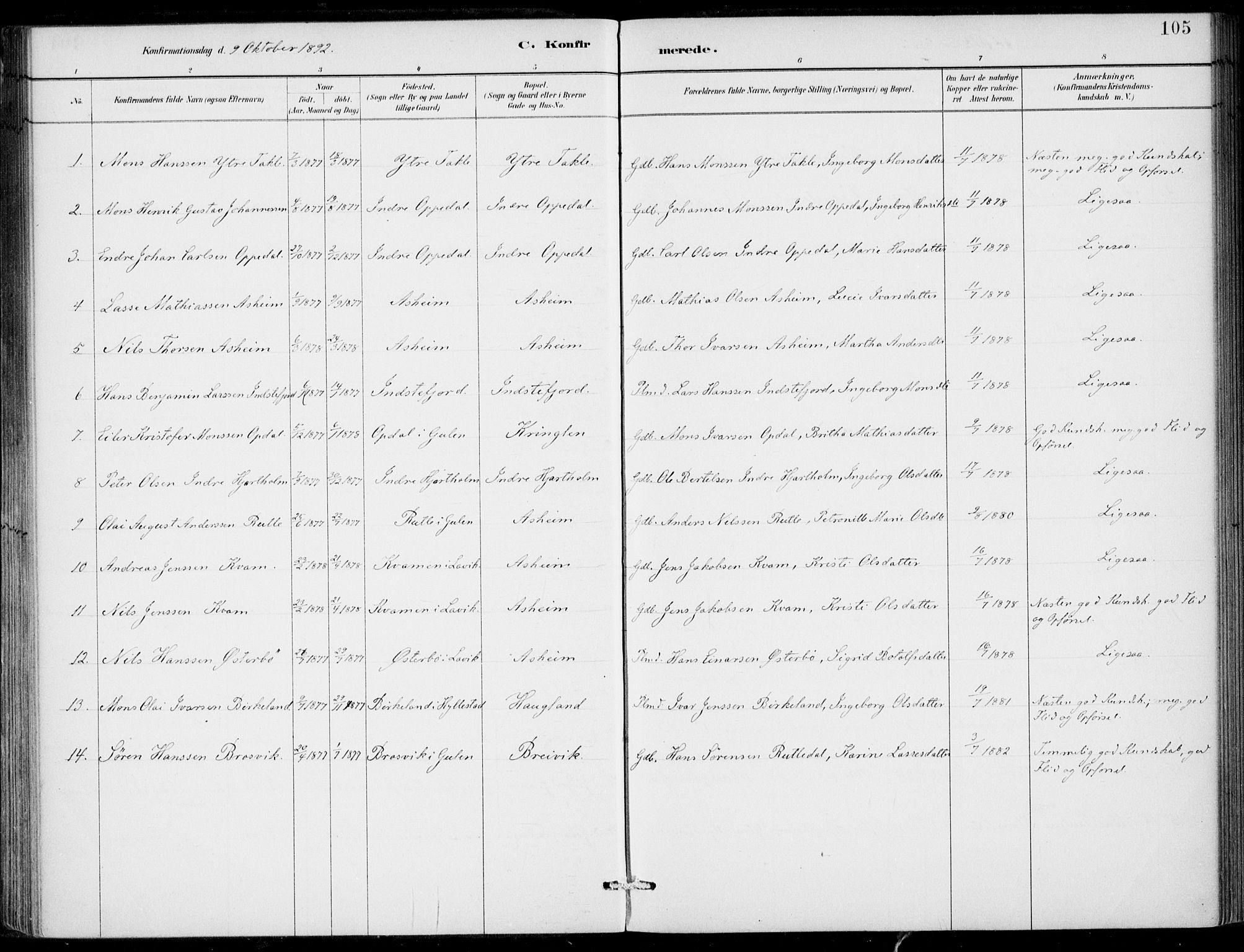 Gulen sokneprestembete, AV/SAB-A-80201/H/Haa/Haac/L0002: Parish register (official) no. C  2, 1882-1914, p. 105