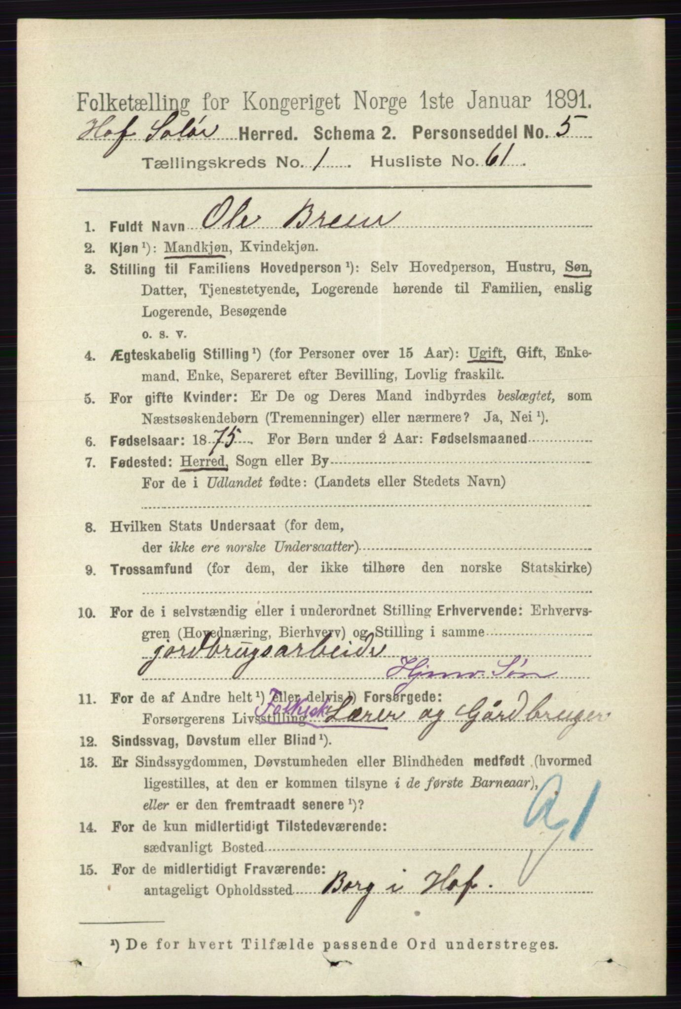 RA, 1891 census for 0424 Hof, 1891, p. 402