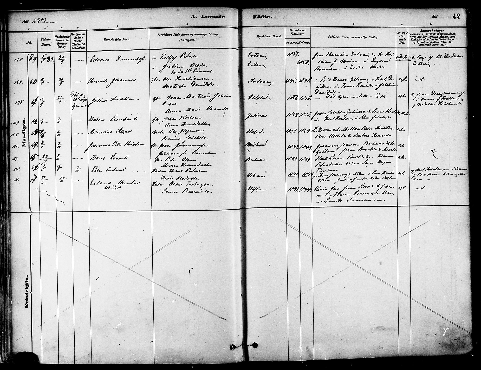 Ministerialprotokoller, klokkerbøker og fødselsregistre - Nordland, SAT/A-1459/802/L0054: Parish register (official) no. 802A01, 1879-1893, p. 42
