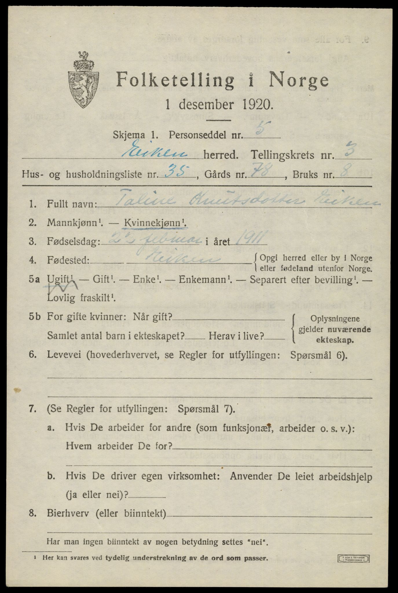 SAK, 1920 census for Eiken, 1920, p. 1263