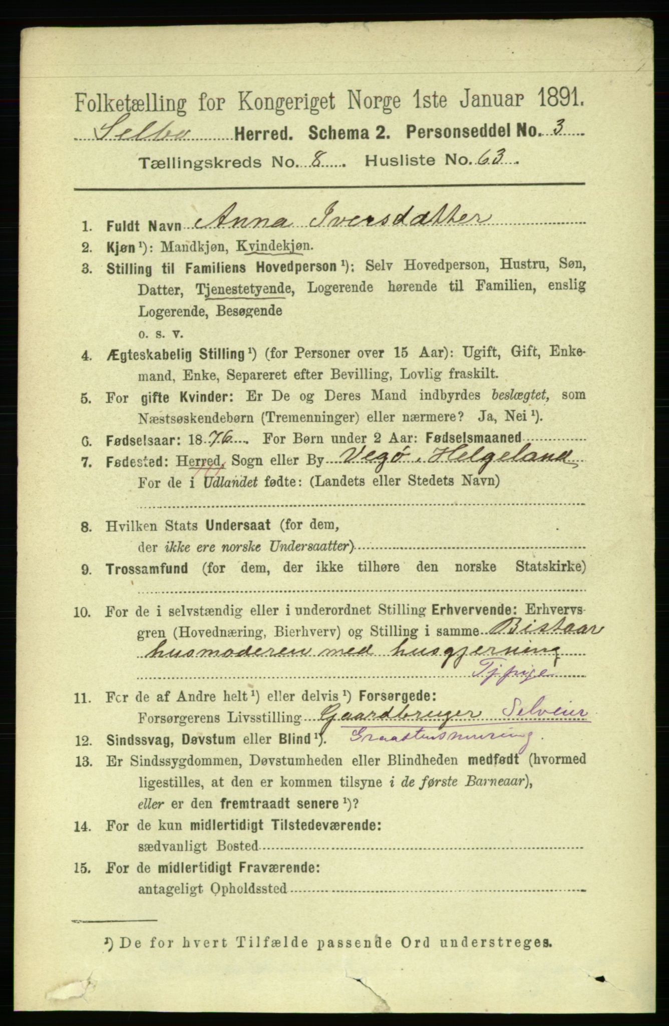 RA, 1891 census for 1664 Selbu, 1891, p. 3305