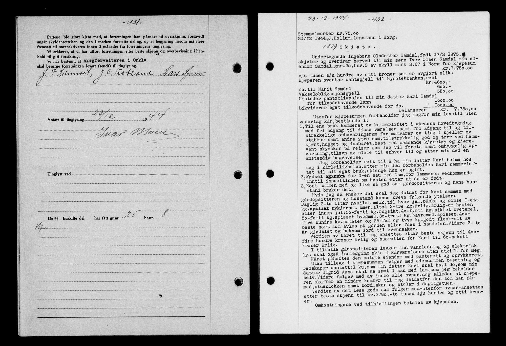 Gauldal sorenskriveri, SAT/A-0014/1/2/2C/L0058: Mortgage book no. 63, 1944-1945, Diary no: : 1229/1944