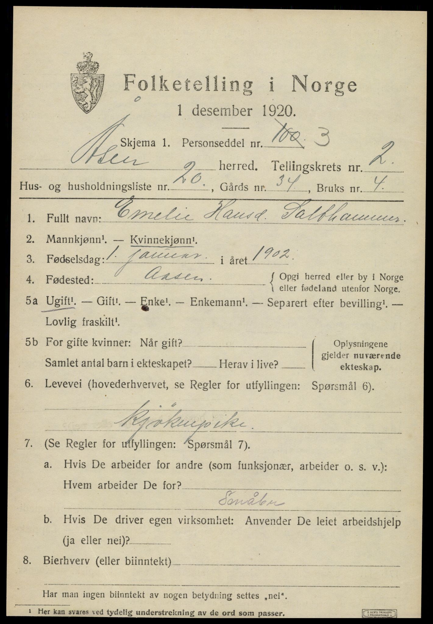 SAT, 1920 census for Åsen, 1920, p. 1906