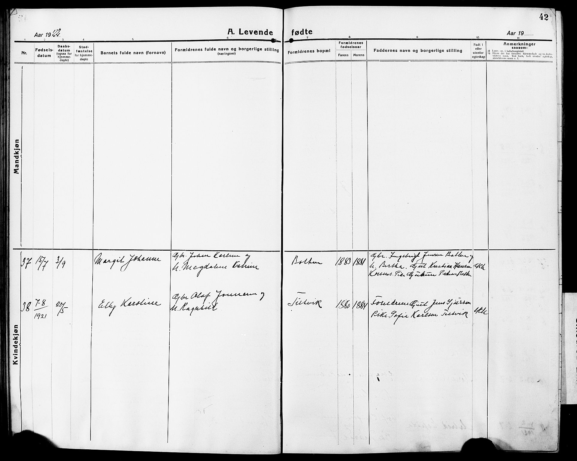 Ministerialprotokoller, klokkerbøker og fødselsregistre - Nordland, AV/SAT-A-1459/861/L0878: Parish register (copy) no. 861C04, 1917-1928, p. 42