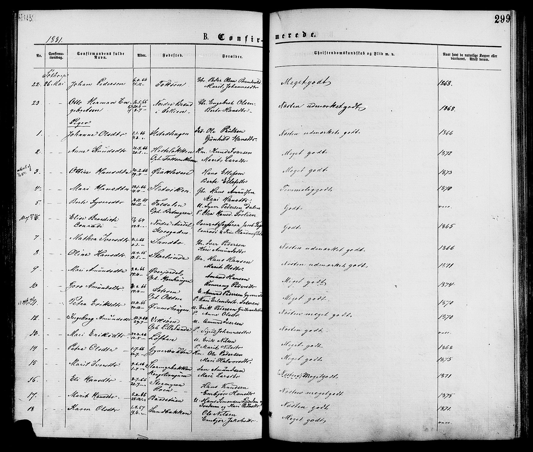 Nord-Fron prestekontor, AV/SAH-PREST-080/H/Ha/Haa/L0002: Parish register (official) no. 2, 1865-1883, p. 299