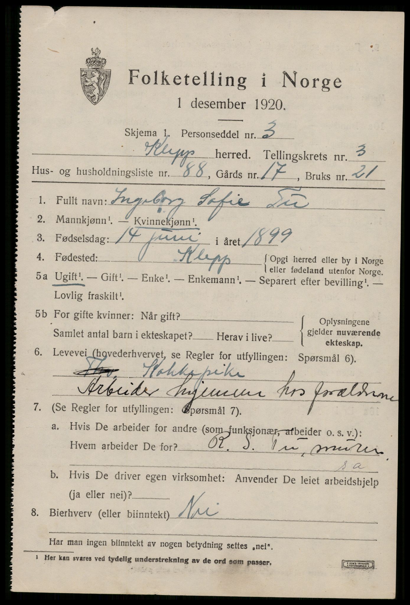 SAST, 1920 census for Klepp, 1920, p. 4326