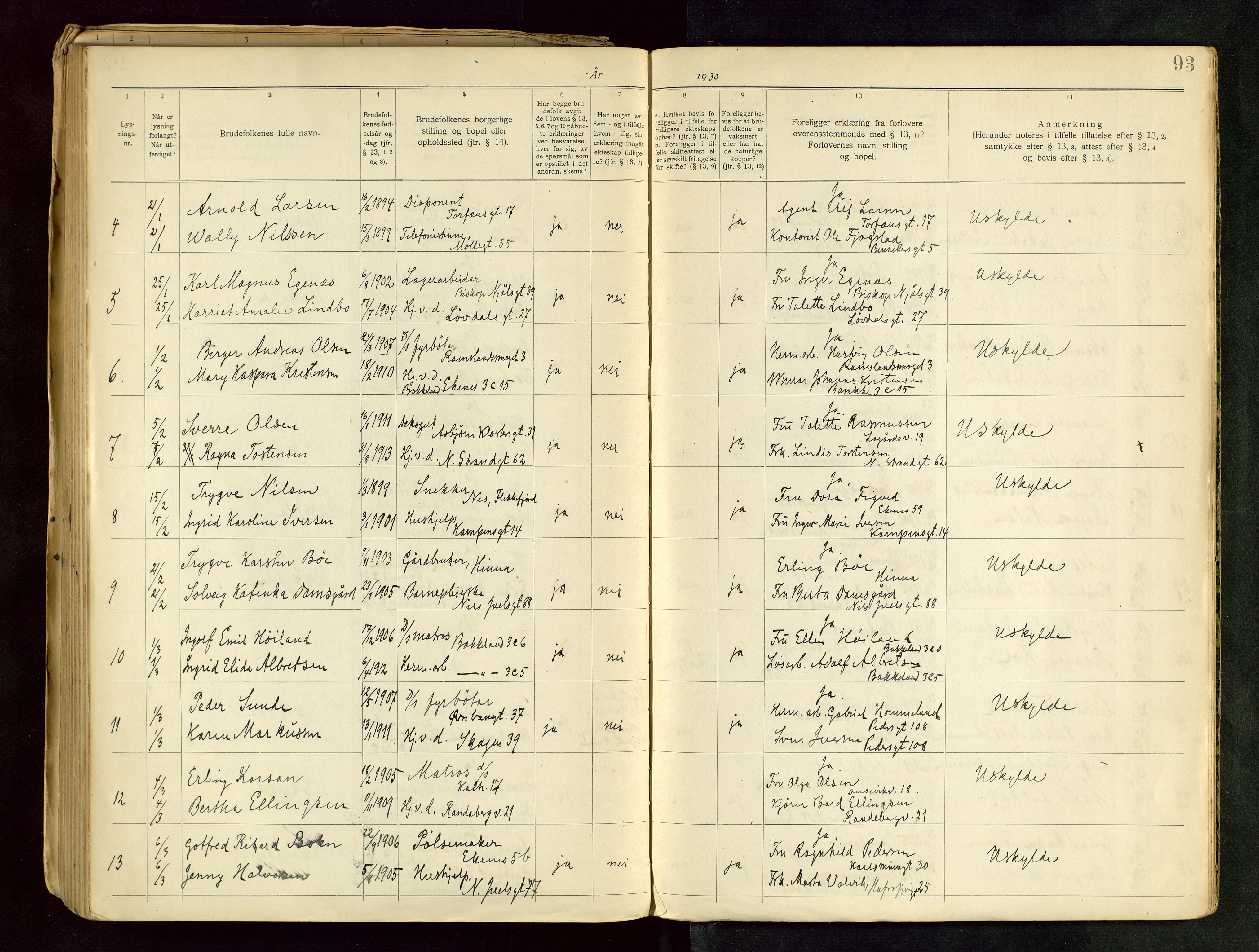 Domkirken sokneprestkontor, SAST/A-101812/001/70/705BB/L0001: Banns register no. 1, 1920-1930, p. 93