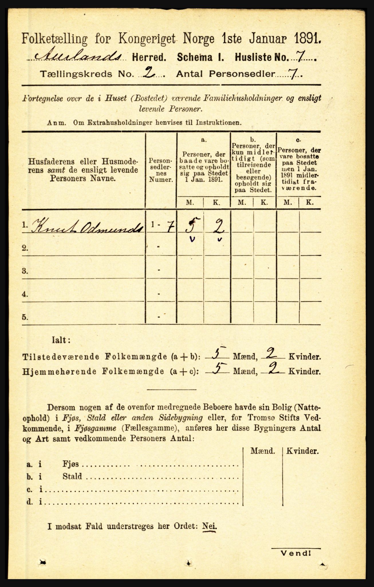 RA, 1891 census for 1421 Aurland, 1891, p. 420