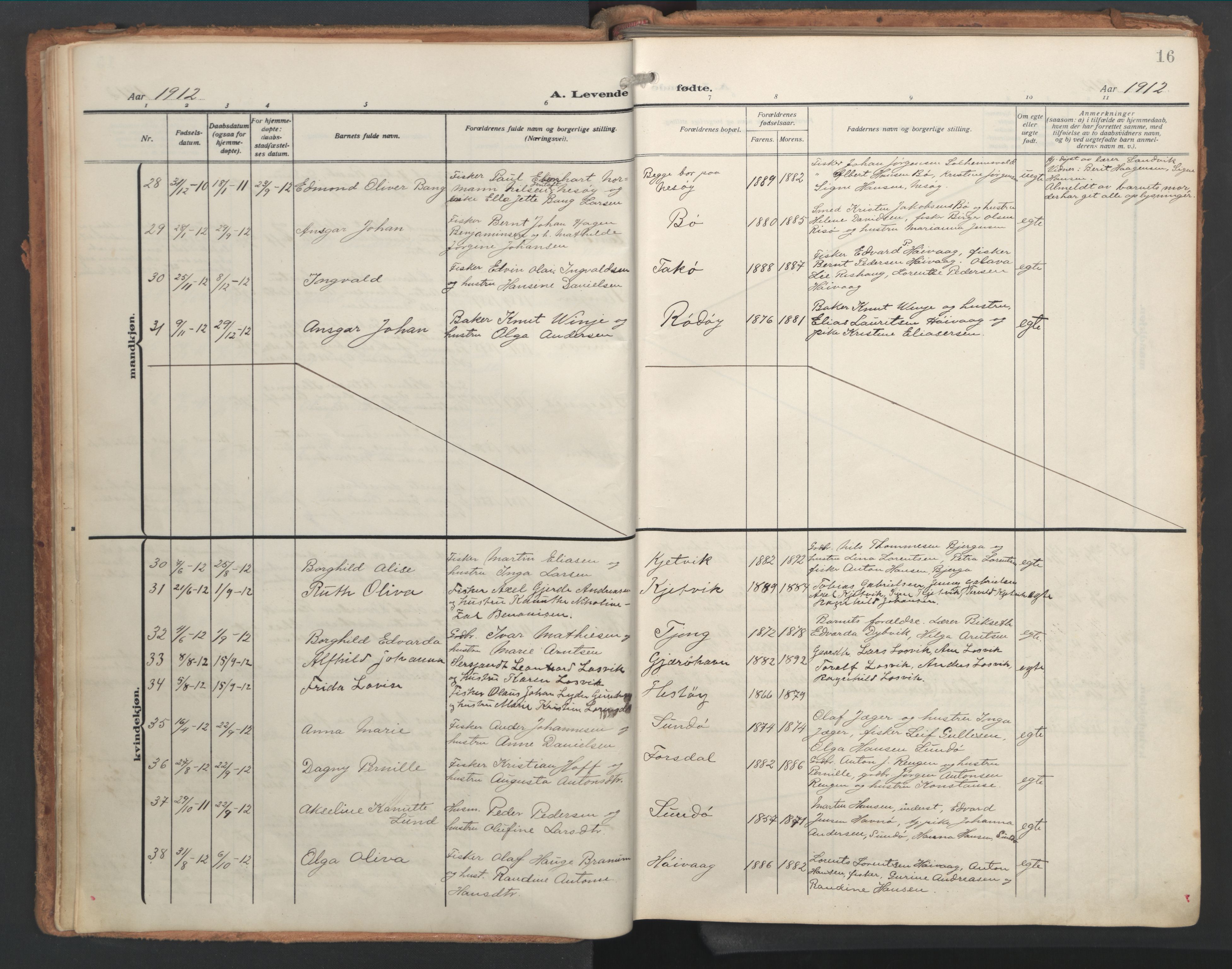 Ministerialprotokoller, klokkerbøker og fødselsregistre - Nordland, AV/SAT-A-1459/841/L0614: Parish register (official) no. 841A17, 1911-1925, p. 16