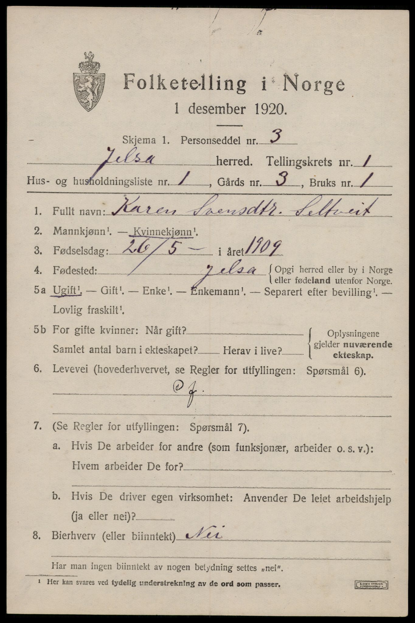 SAST, 1920 census for Jelsa, 1920, p. 670