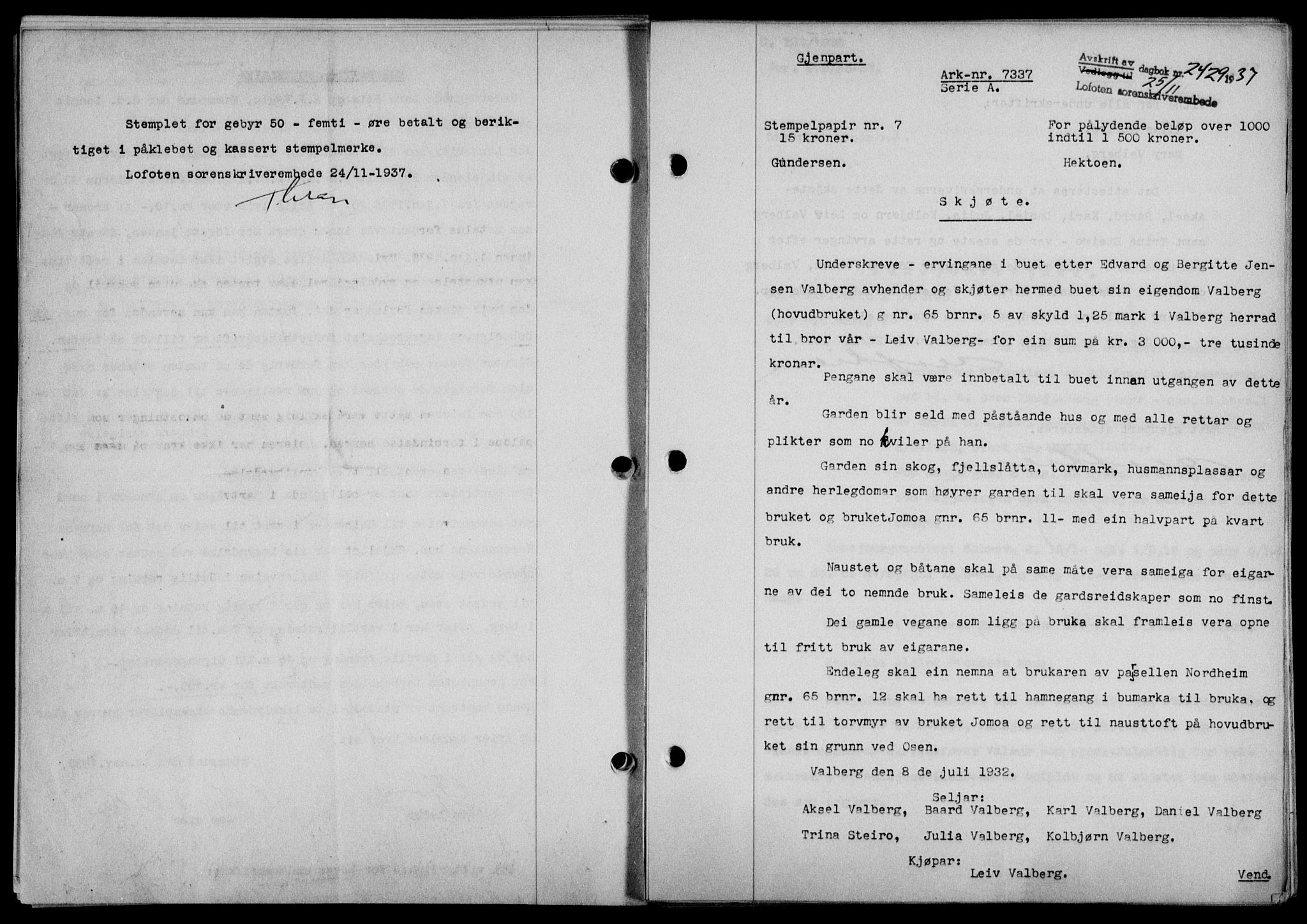 Lofoten sorenskriveri, SAT/A-0017/1/2/2C/L0003a: Mortgage book no. 3a, 1937-1938, Diary no: : 2429/1937