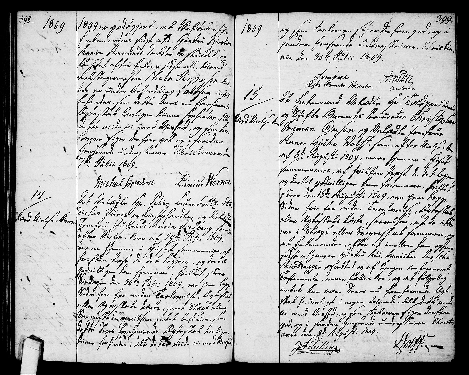 Oslo domkirke Kirkebøker, AV/SAO-A-10752/L/La/L0011: Best man's statements no. 11, 1807-1819, p. 398-399