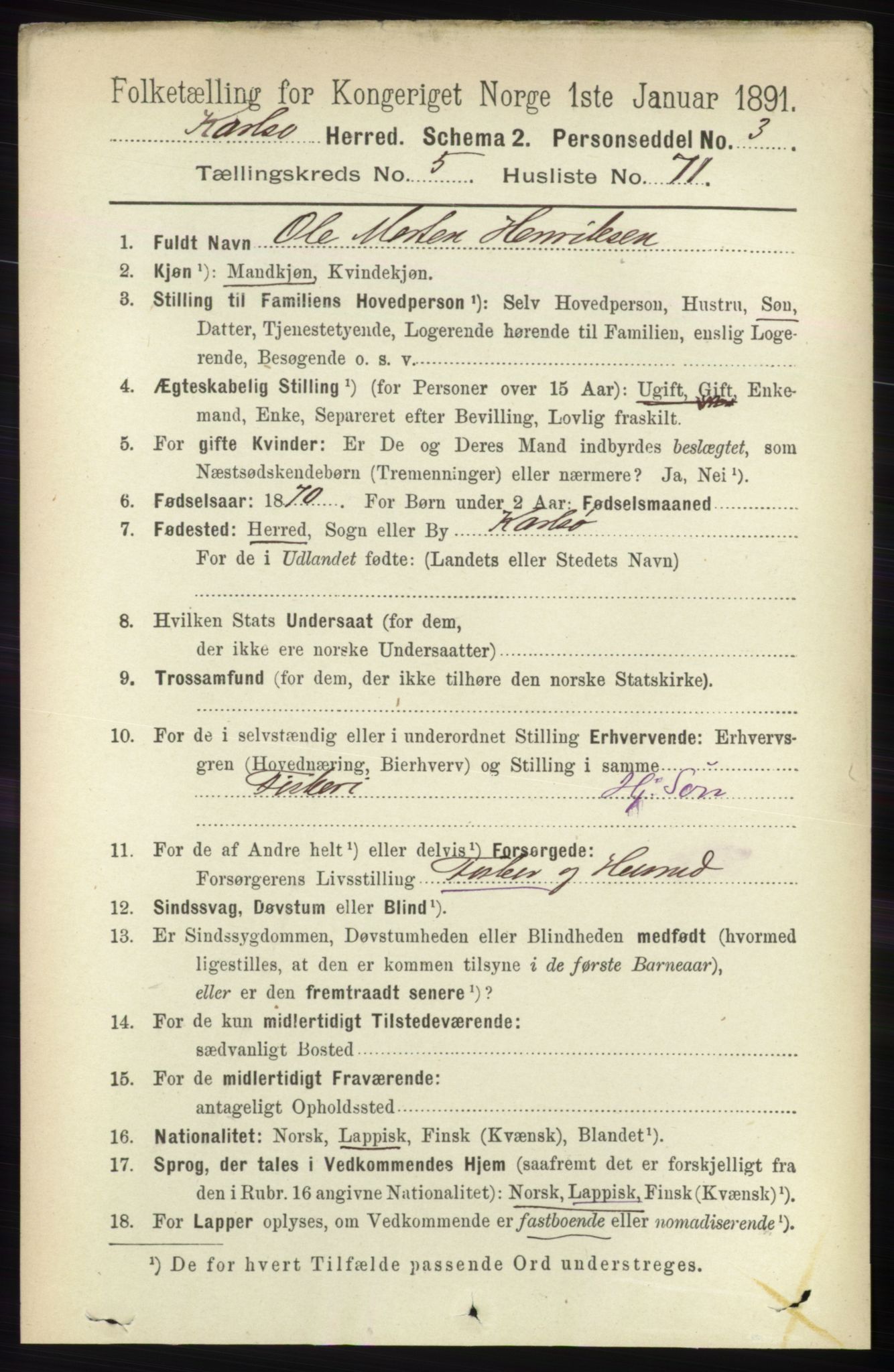 RA, 1891 census for 1936 Karlsøy, 1891, p. 1785