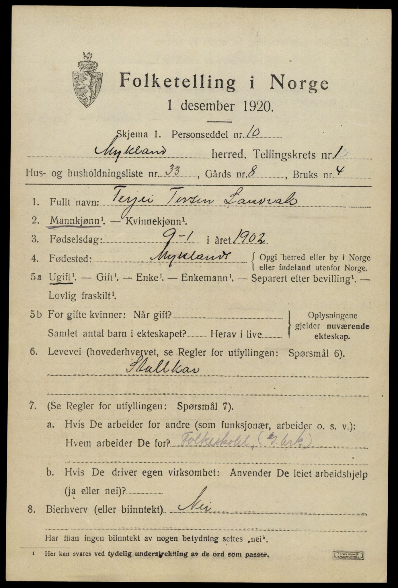 SAK, 1920 census for Mykland, 1920, p. 700