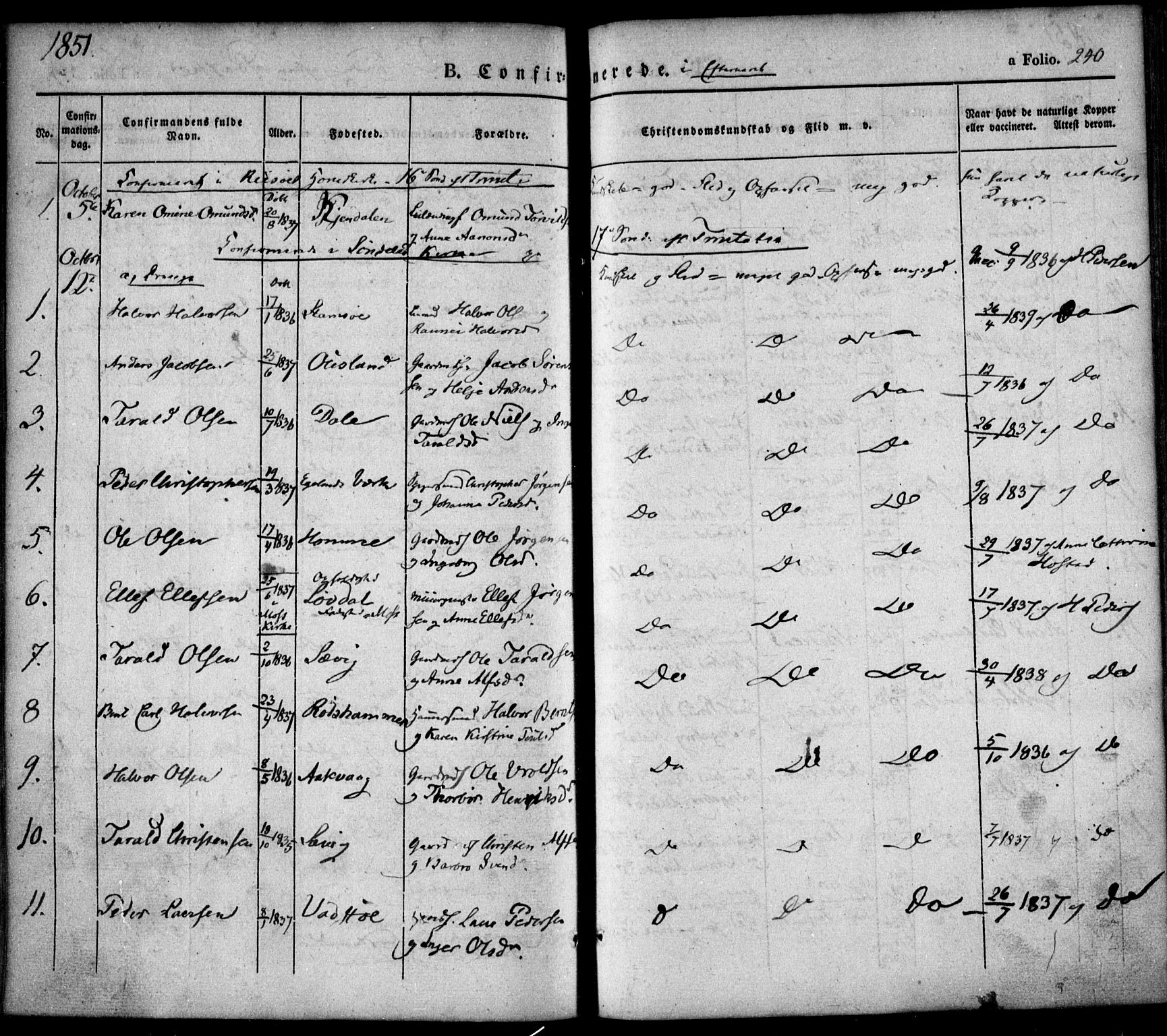 Søndeled sokneprestkontor, AV/SAK-1111-0038/F/Fa/L0002: Parish register (official) no. A 2, 1839-1860, p. 240