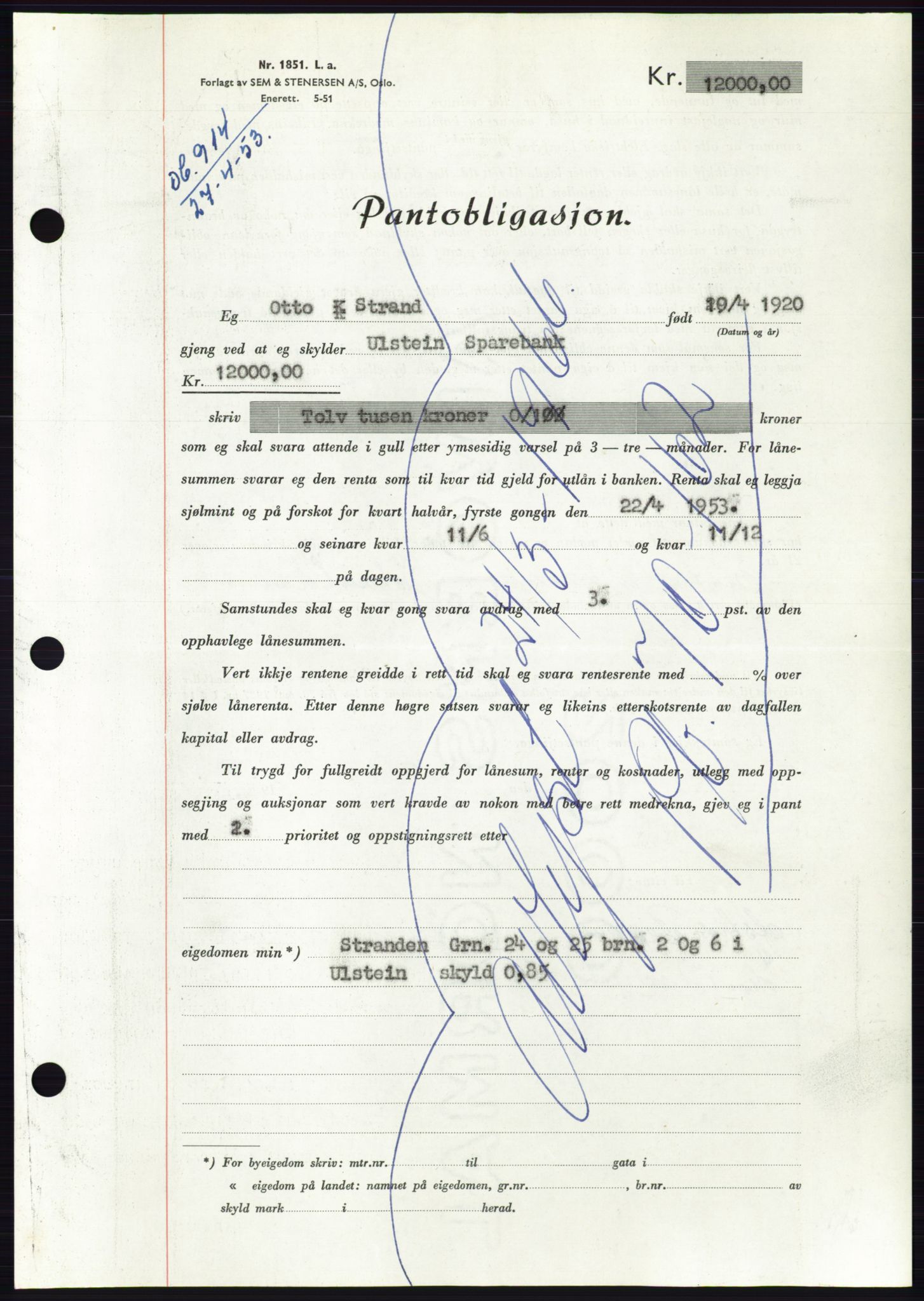 Søre Sunnmøre sorenskriveri, AV/SAT-A-4122/1/2/2C/L0123: Mortgage book no. 11B, 1953-1953, Diary no: : 914/1953