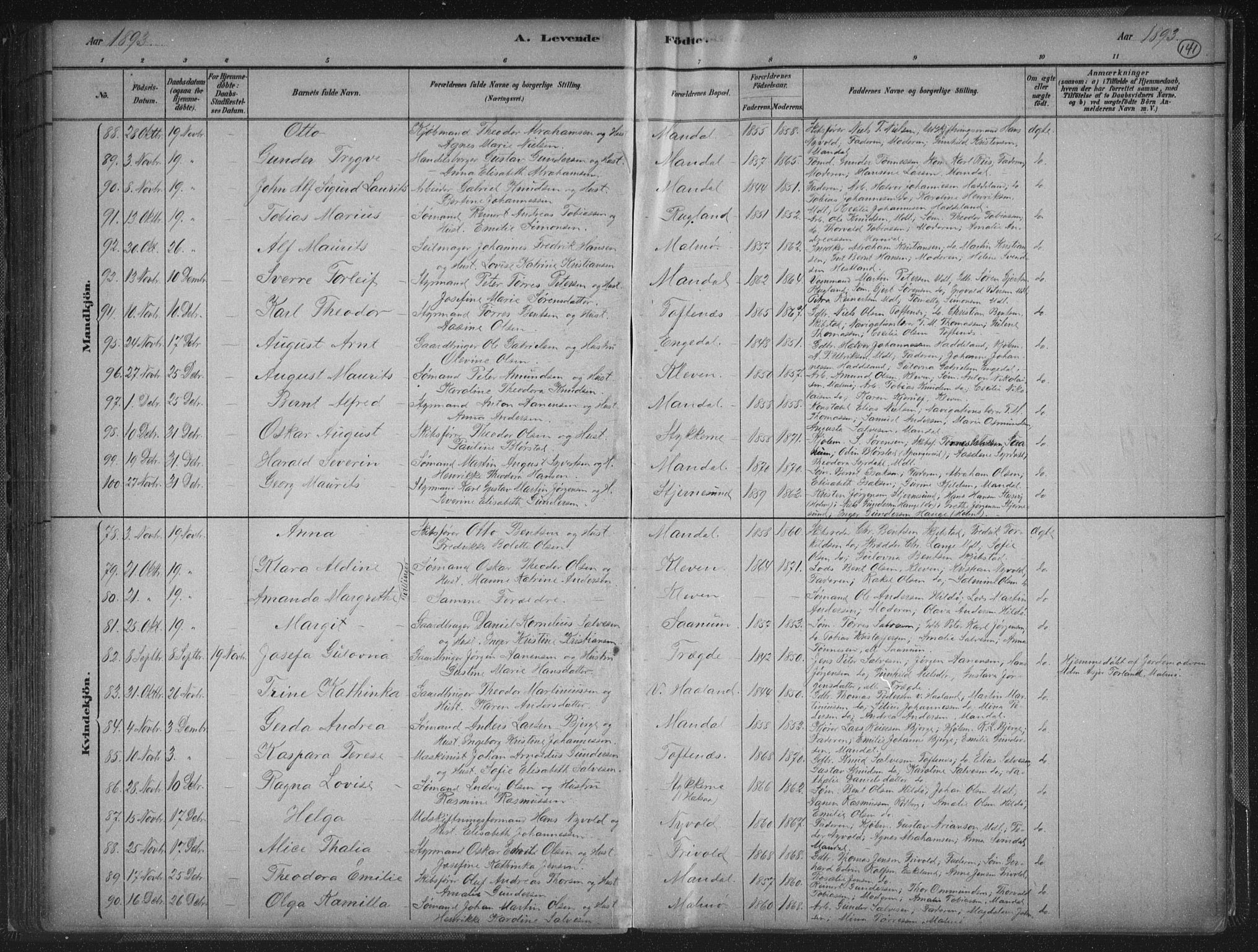 Mandal sokneprestkontor, SAK/1111-0030/F/Fb/Fba/L0011: Parish register (copy) no. B 5, 1880-1898, p. 141