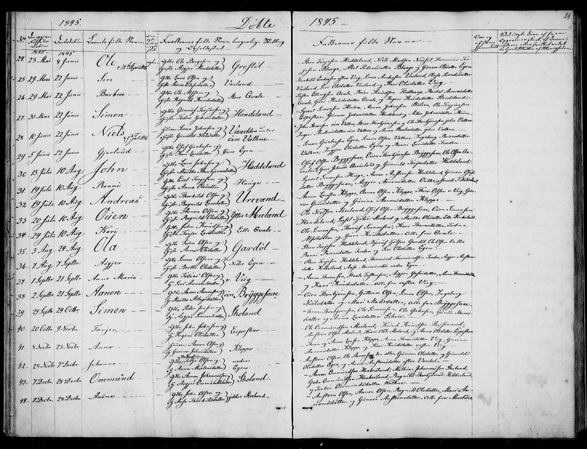 Hægebostad sokneprestkontor, AV/SAK-1111-0024/F/Fa/Fab/L0002: Parish register (official) no. A 2, 1836-1872, p. 24