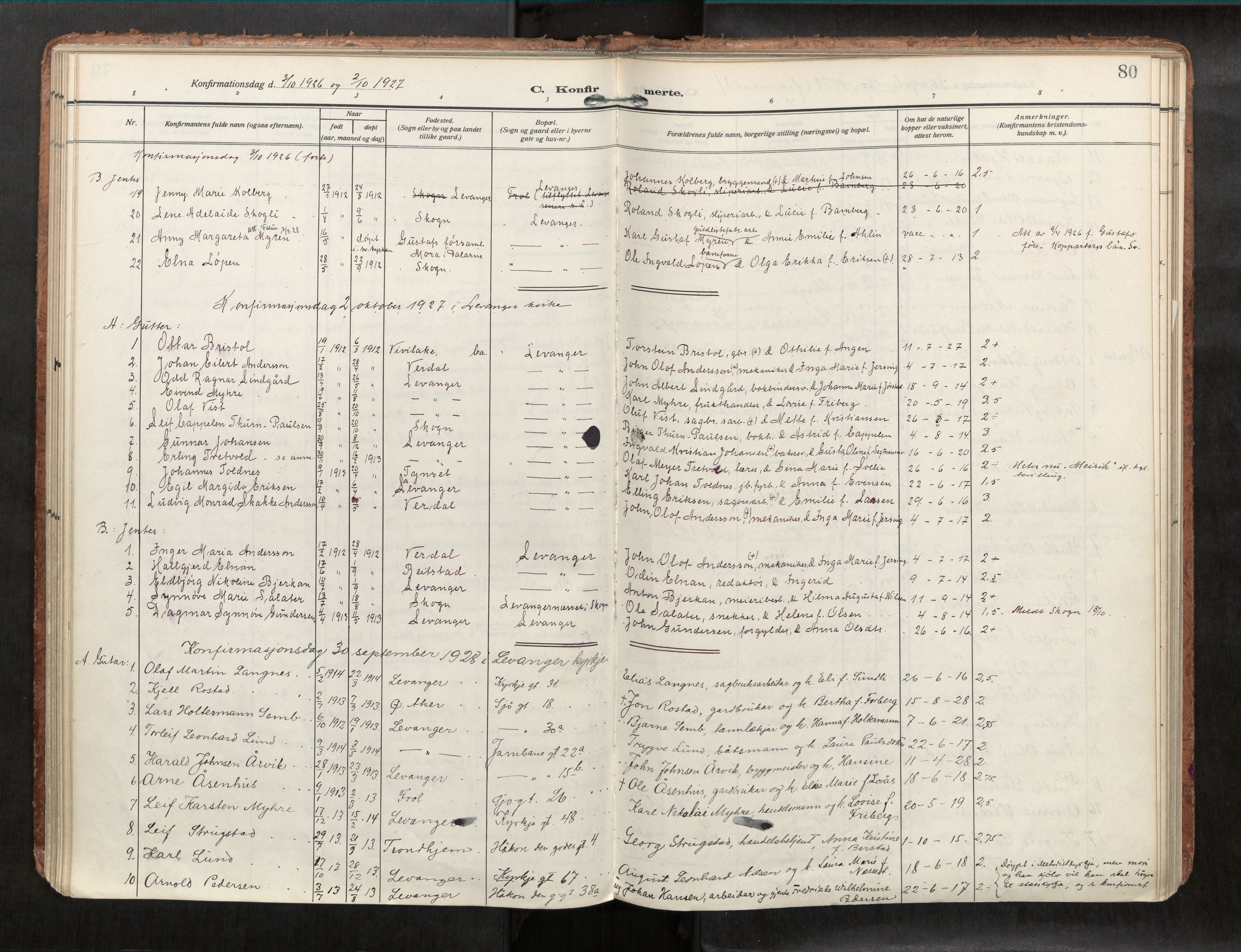 Levanger sokneprestkontor, SAT/A-1301/2/H/Haa/L0001: Parish register (official) no. 1, 1912-1932, p. 80