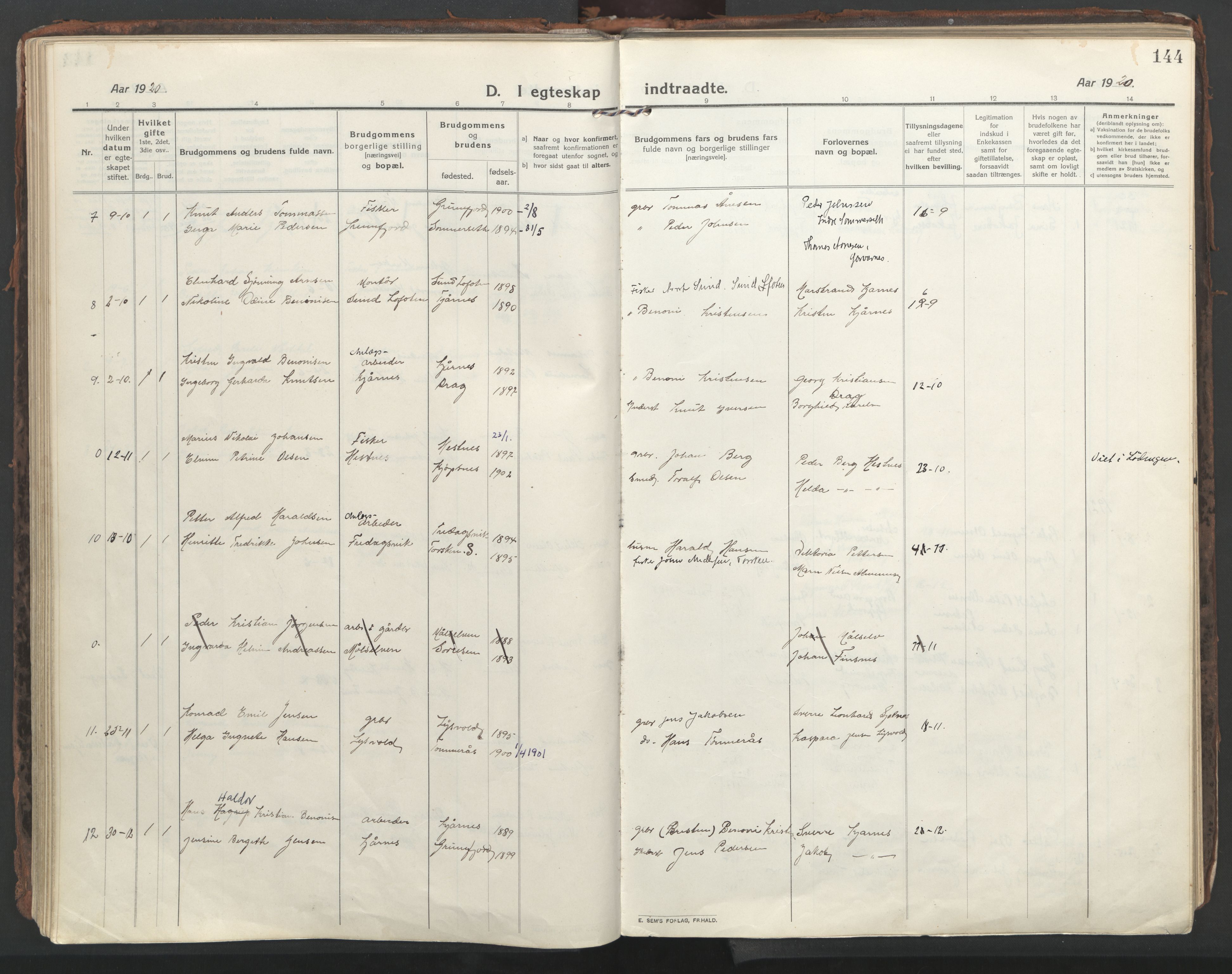 Ministerialprotokoller, klokkerbøker og fødselsregistre - Nordland, AV/SAT-A-1459/861/L0872: Parish register (official) no. 861A07, 1915-1924, p. 144