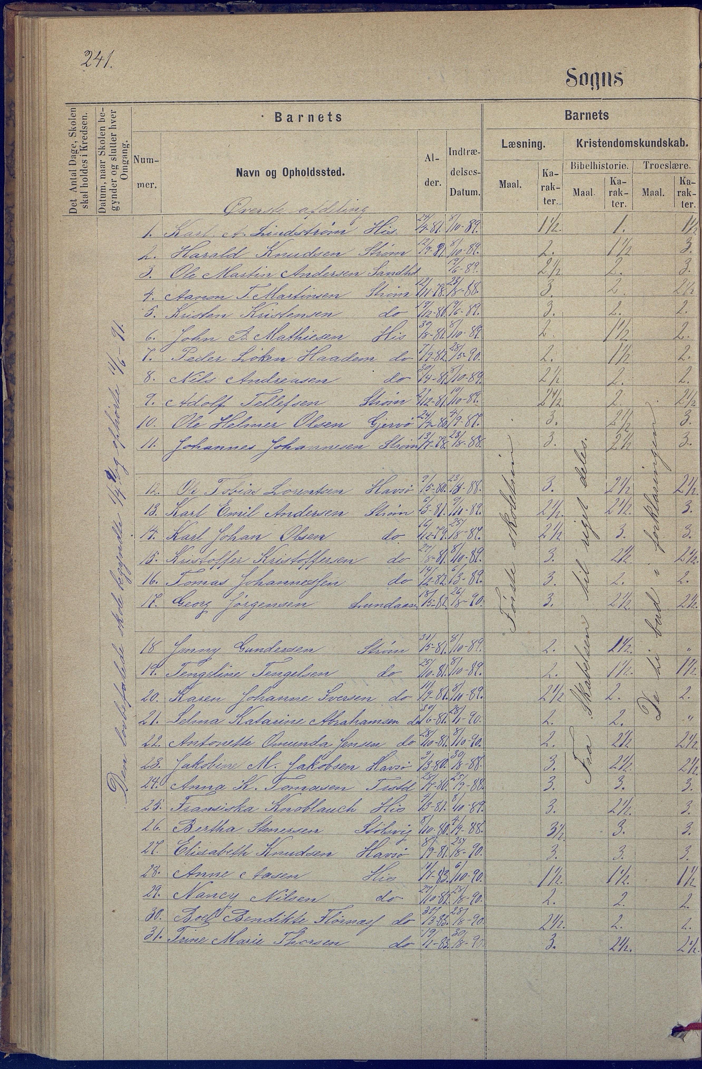 Hisøy kommune frem til 1991, AAKS/KA0922-PK/31/L0005: Skoleprotokoll, 1877-1892, p. 241