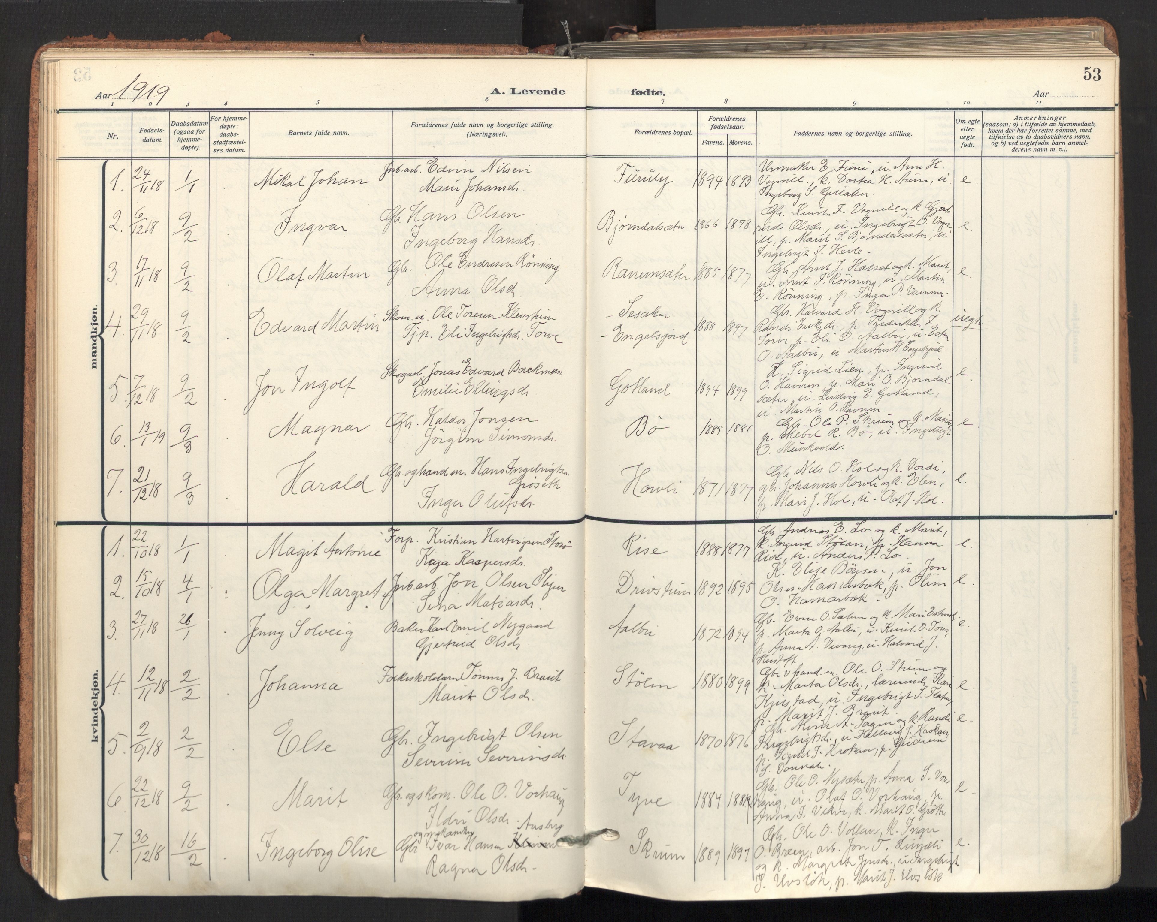 Ministerialprotokoller, klokkerbøker og fødselsregistre - Sør-Trøndelag, SAT/A-1456/678/L0909: Parish register (official) no. 678A17, 1912-1930, p. 53