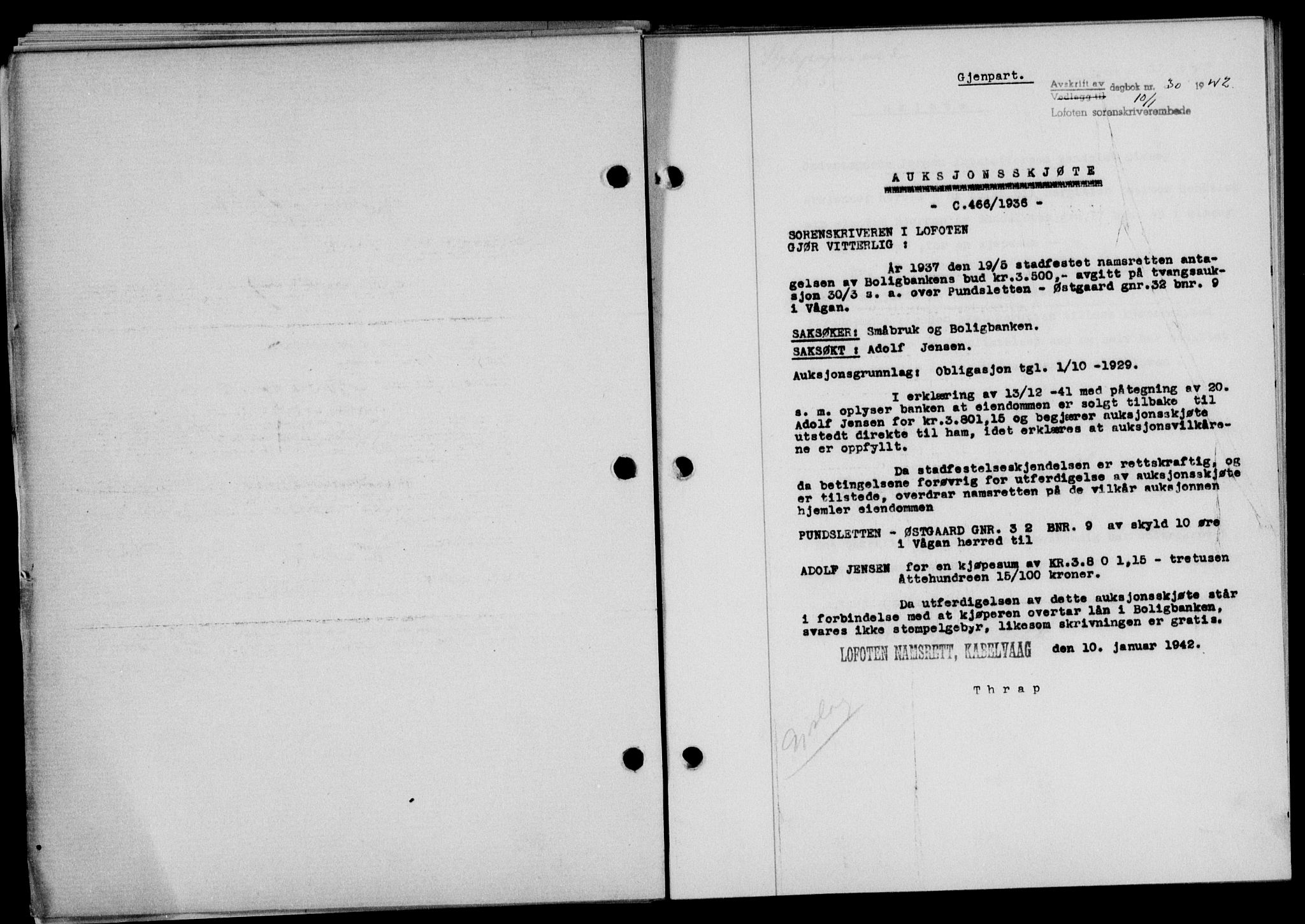 Lofoten sorenskriveri, SAT/A-0017/1/2/2C/L0009a: Mortgage book no. 9a, 1941-1942, Diary no: : 30/1942