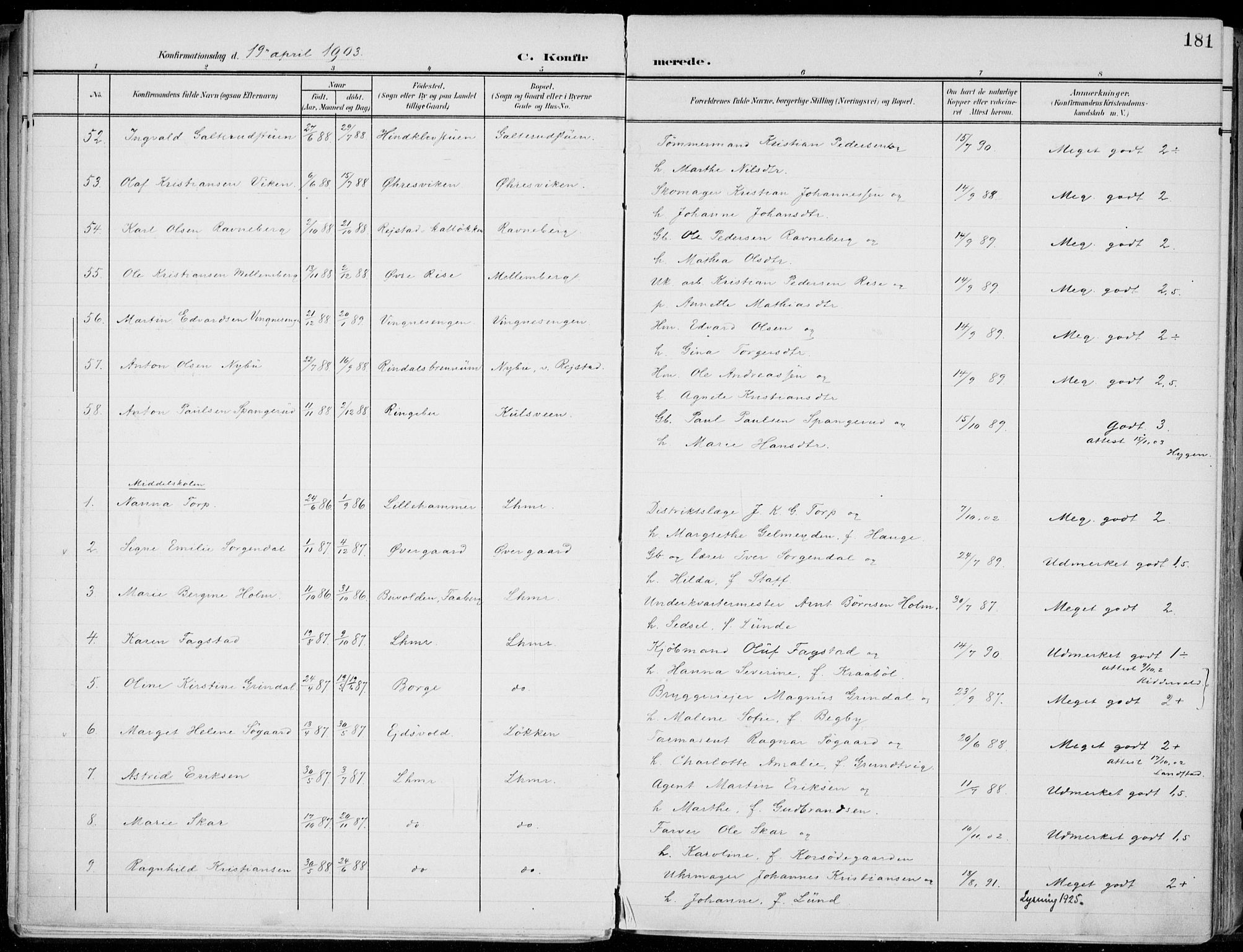 Lillehammer prestekontor, AV/SAH-PREST-088/H/Ha/Haa/L0001: Parish register (official) no. 1, 1901-1916, p. 181