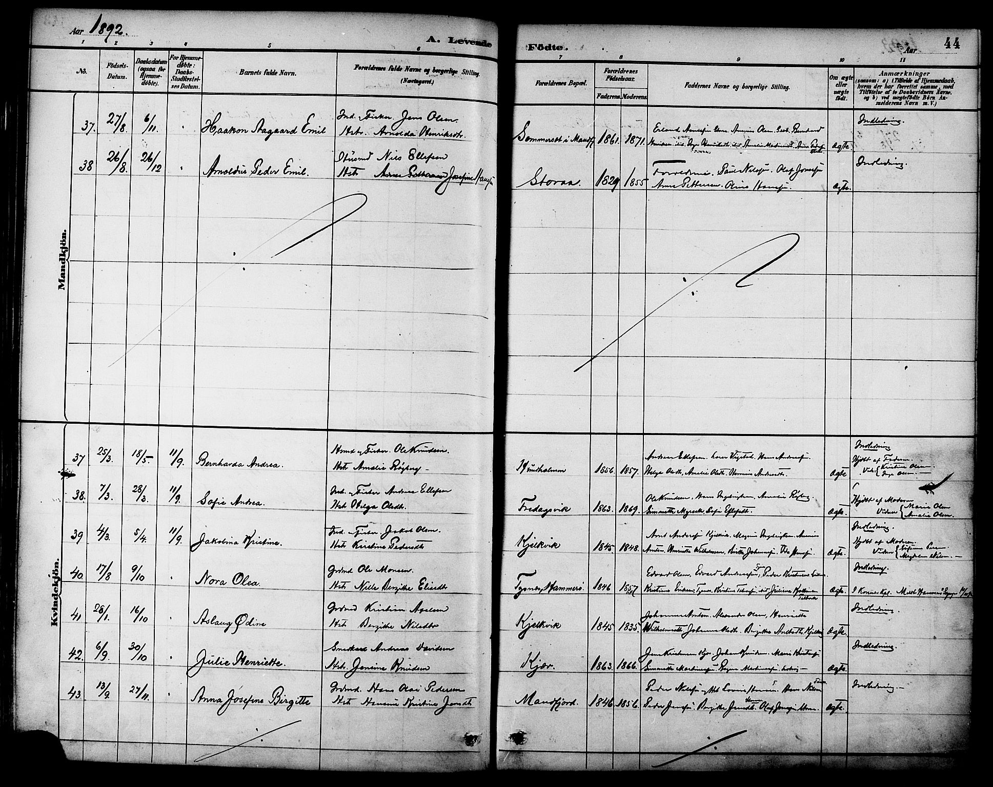 Ministerialprotokoller, klokkerbøker og fødselsregistre - Nordland, AV/SAT-A-1459/861/L0869: Parish register (official) no. 861A04, 1889-1903, p. 44