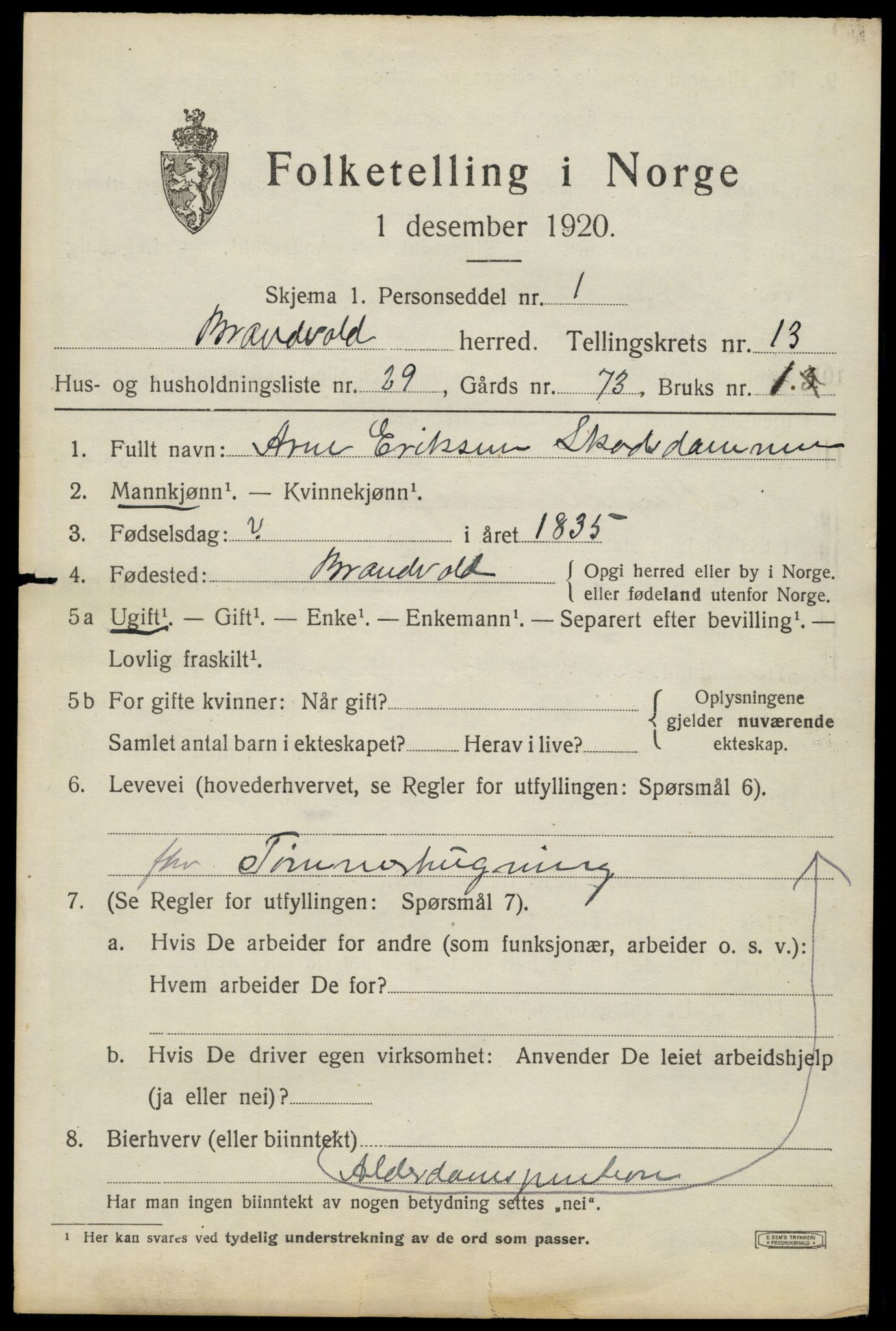 SAH, 1920 census for Brandval, 1920, p. 9482