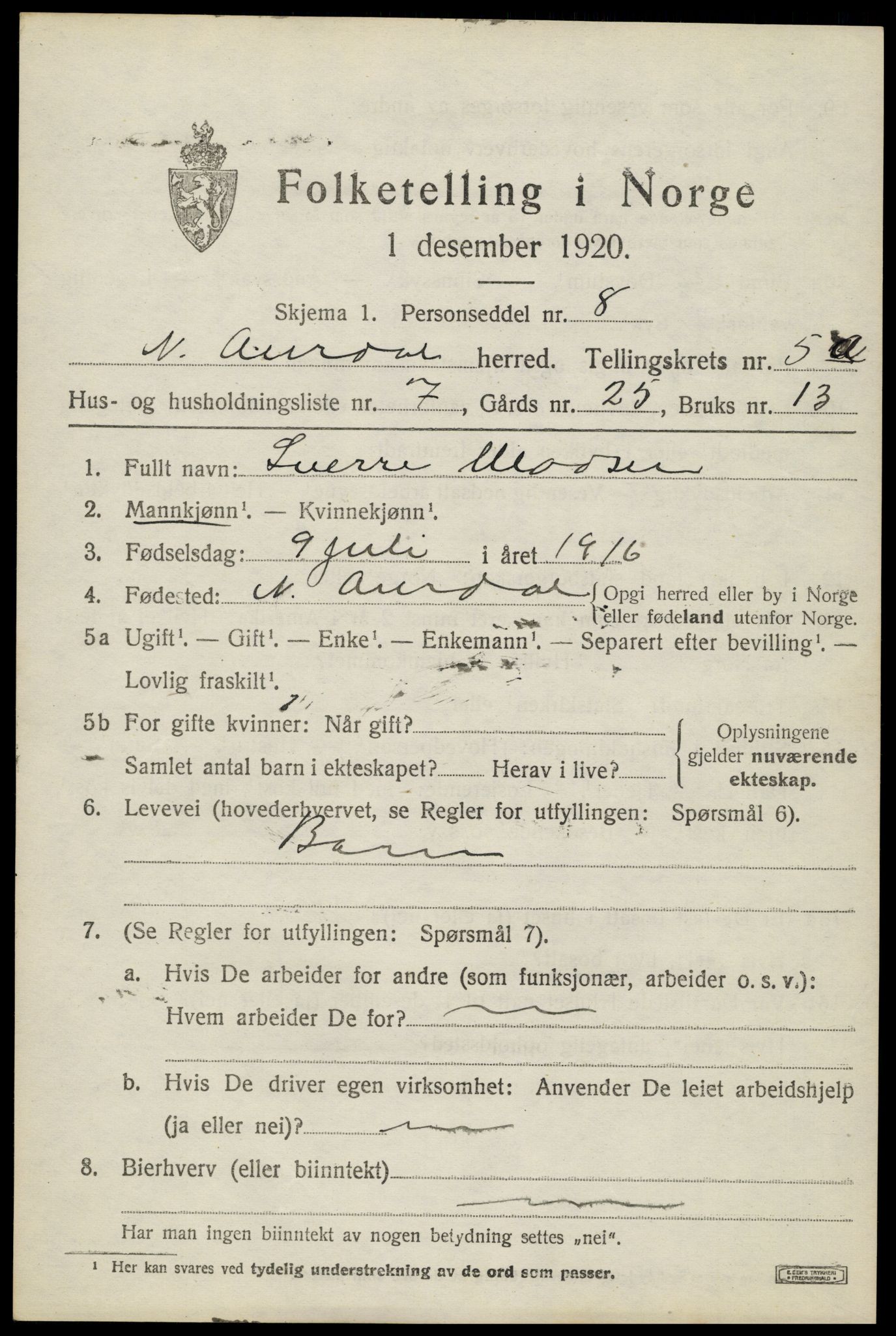 SAH, 1920 census for Nord-Aurdal, 1920, p. 4754