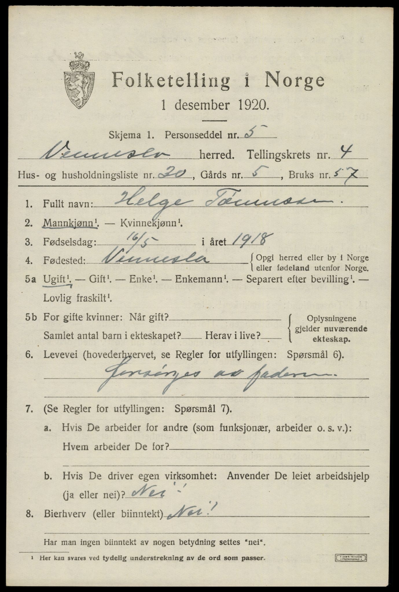 SAK, 1920 census for Vennesla, 1920, p. 3210