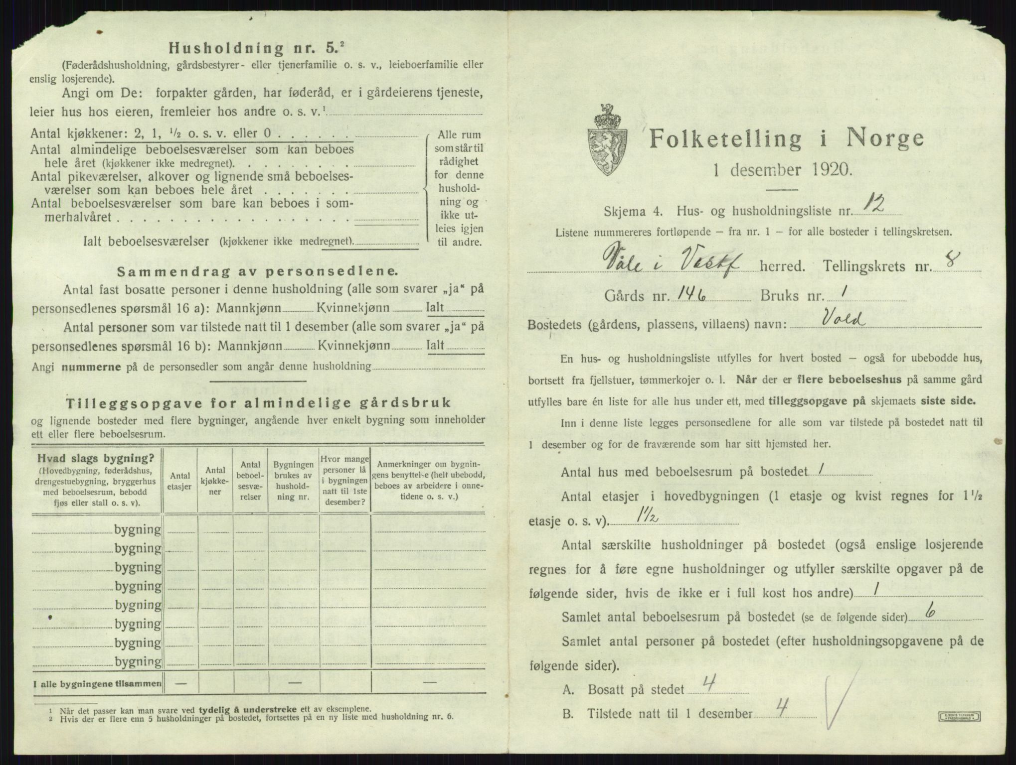 SAKO, 1920 census for Våle, 1920, p. 996