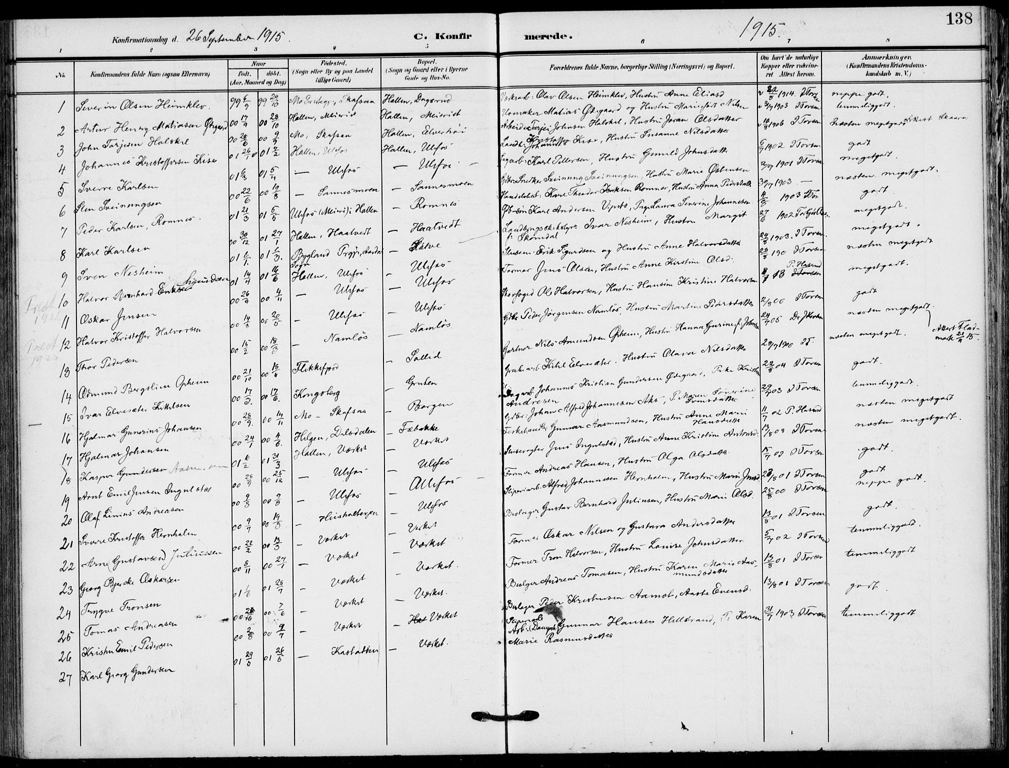 Holla kirkebøker, AV/SAKO-A-272/F/Fa/L0012: Parish register (official) no. 12, 1907-1923, p. 138