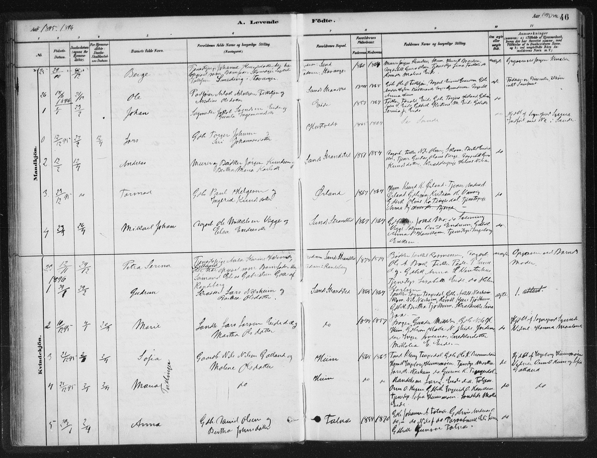 Sand sokneprestkontor, SAST/A-101848/01/III/L0005: Parish register (official) no. A 5, 1880-1898, p. 46