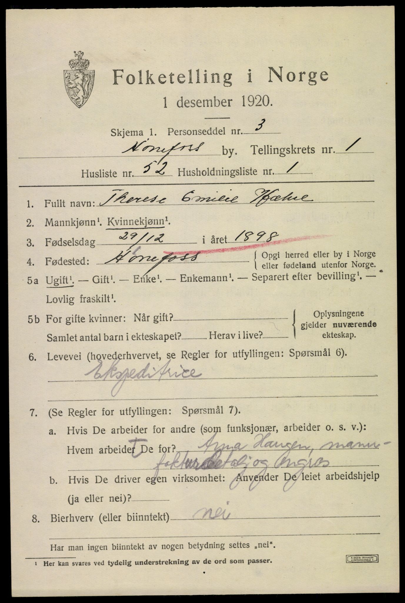SAKO, 1920 census for Hønefoss, 1920, p. 3258